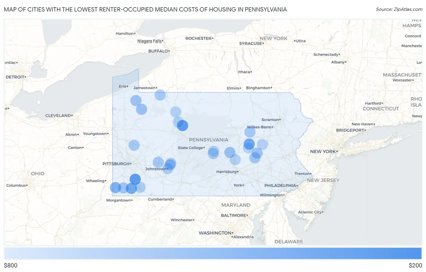 Cities with the Lowest Renter-Occupied Median Costs of Housing in Pennsylvania Map