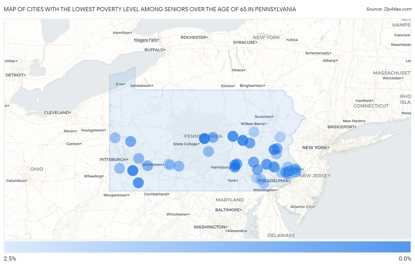 Cities with the Lowest Poverty Level Among Seniors Over the Age of 65 in Pennsylvania Map