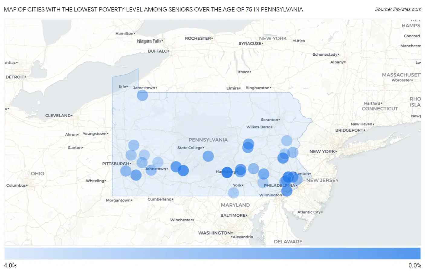 Cities with the Lowest Poverty Level Among Seniors Over the Age of 75 in Pennsylvania Map
