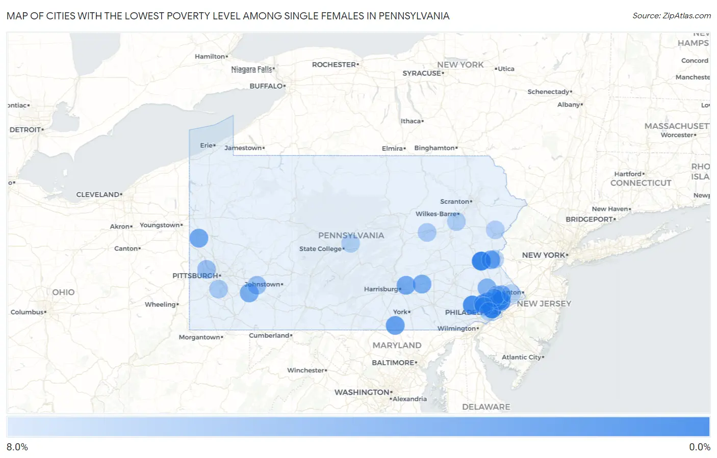 Cities with the Lowest Poverty Level Among Single Females in Pennsylvania Map