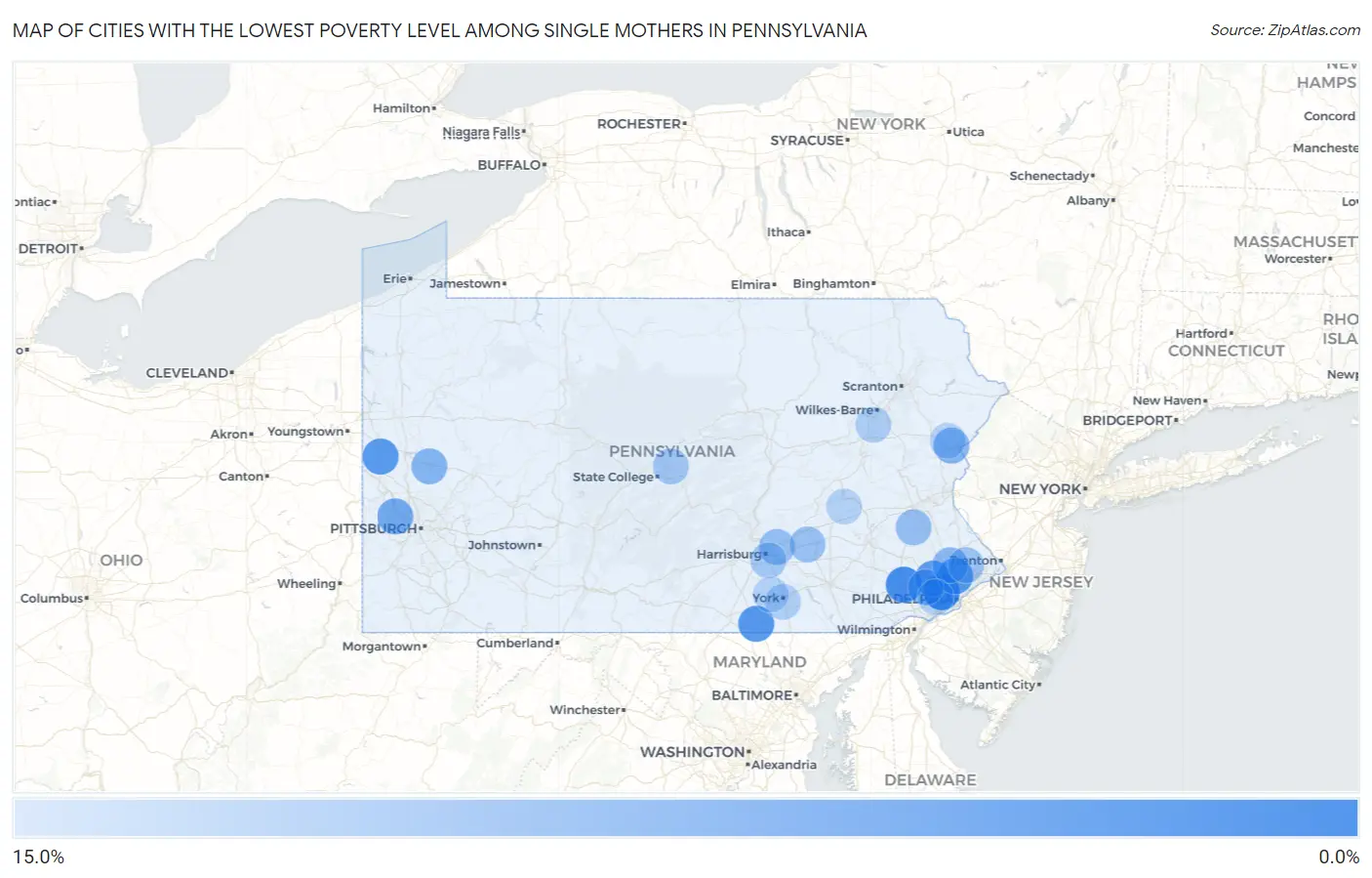 Cities with the Lowest Poverty Level Among Single Mothers in Pennsylvania Map