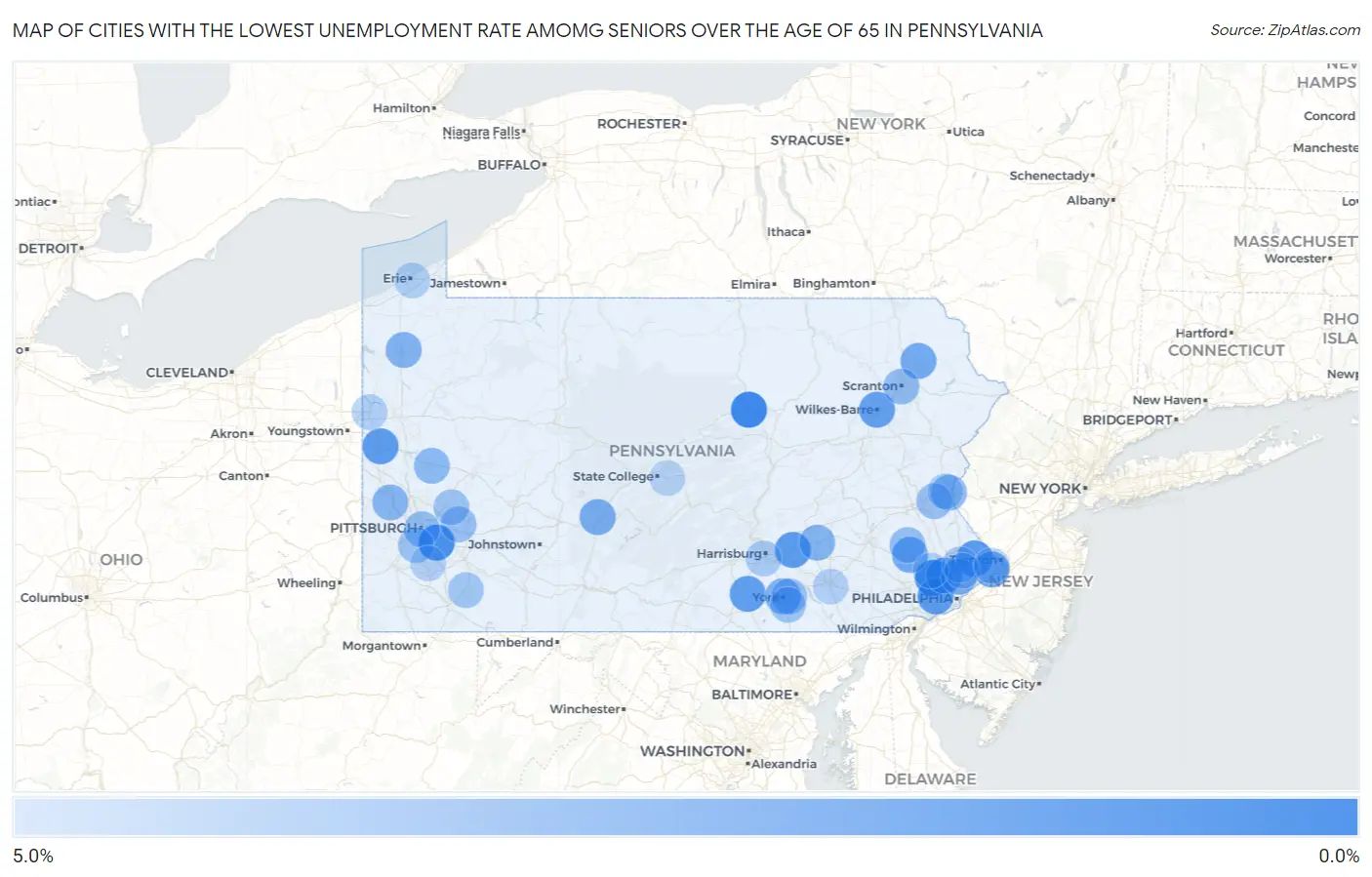 Cities with the Lowest Unemployment Rate Amomg Seniors Over the Age of 65 in Pennsylvania Map