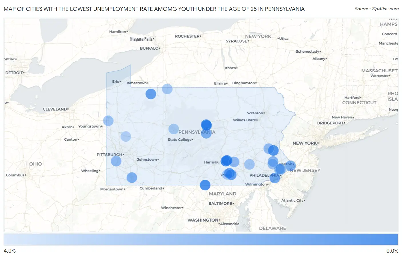 Cities with the Lowest Unemployment Rate Amomg Youth Under the Age of 25 in Pennsylvania Map