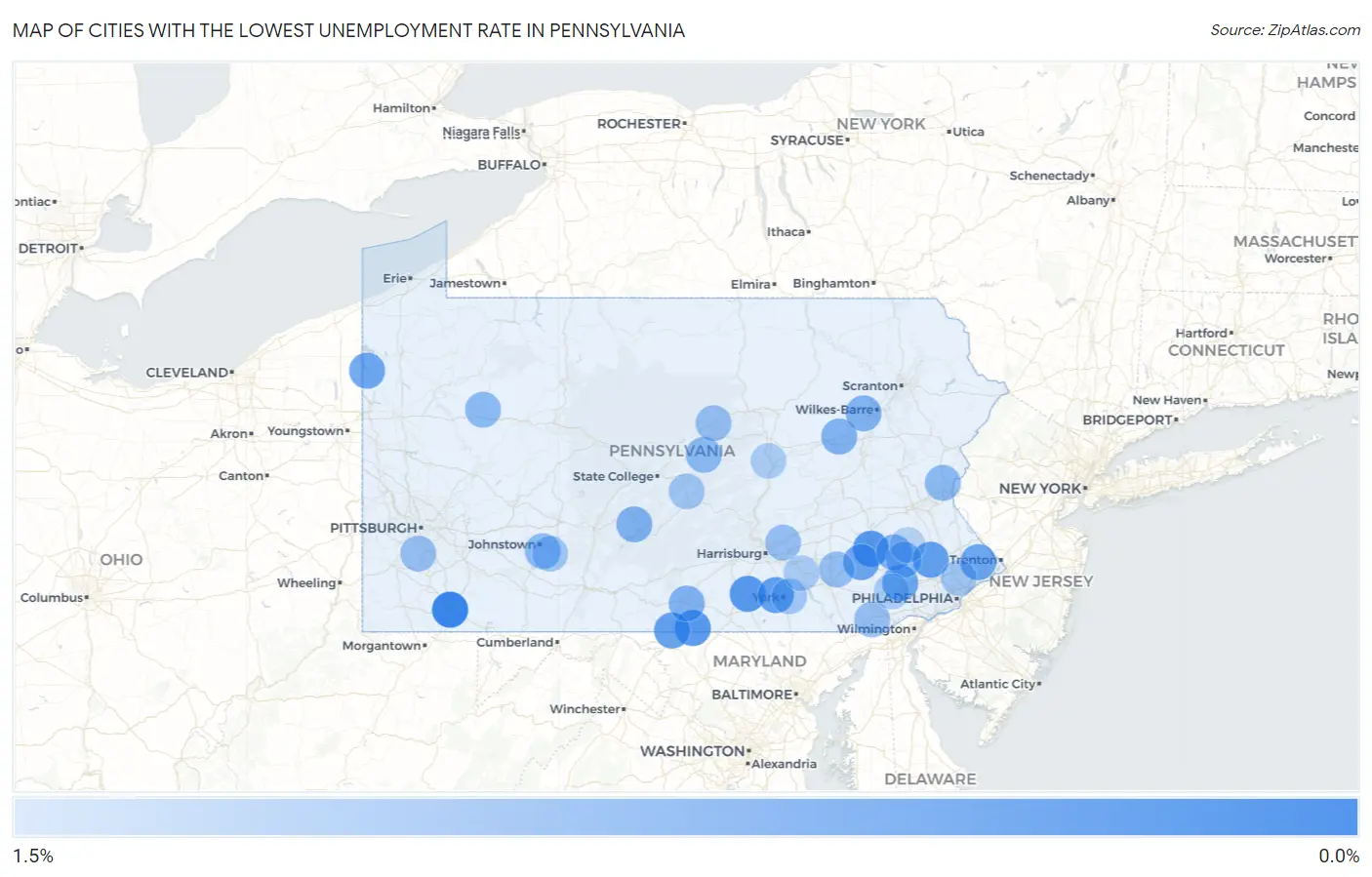 Cities with the Lowest Unemployment Rate in Pennsylvania Map