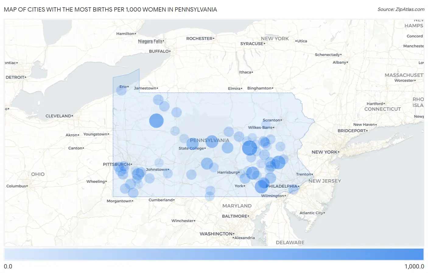 Cities with the Most Births per 1,000 Women in Pennsylvania Map