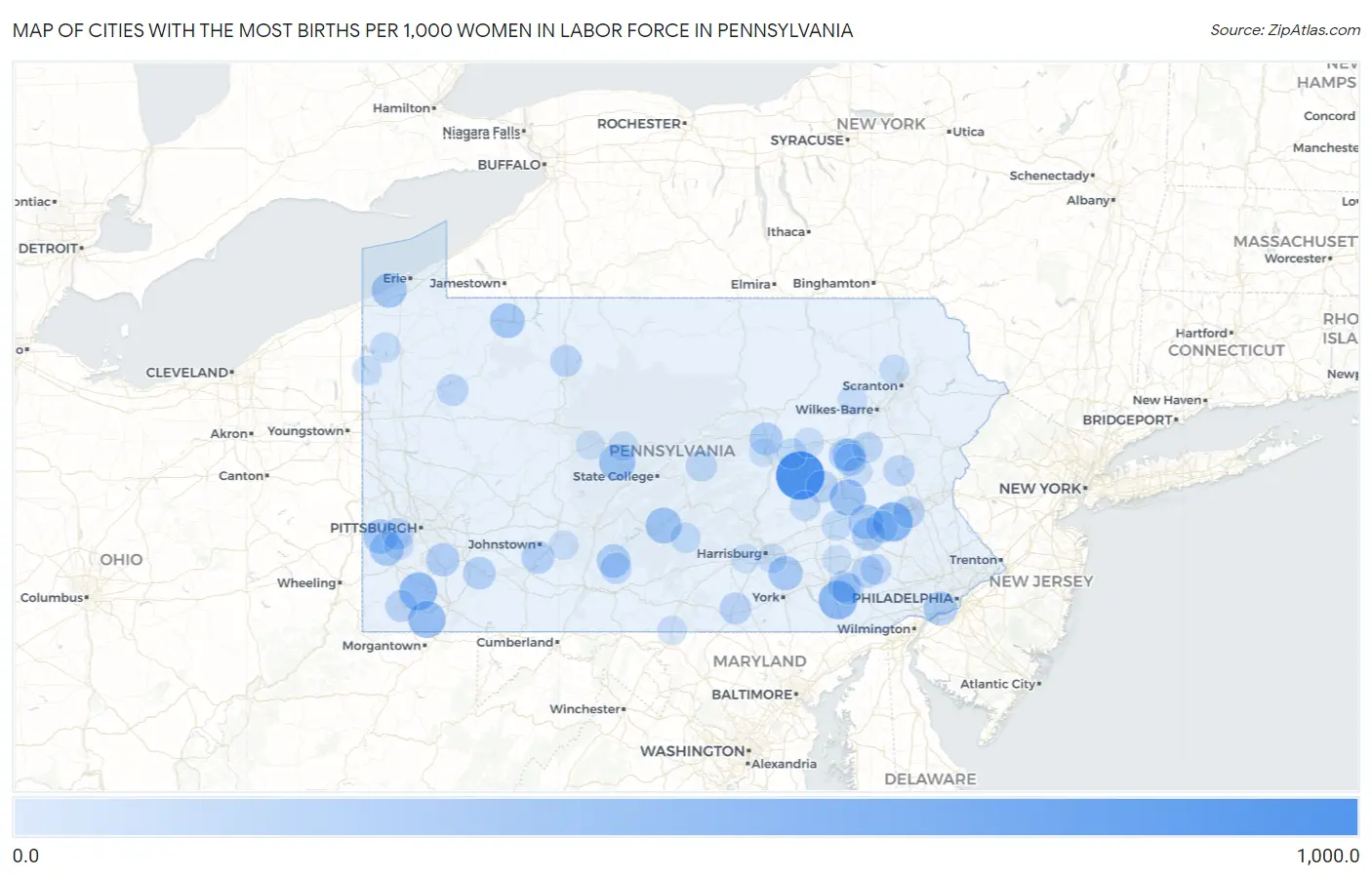 Cities with the Most Births per 1,000 Women in Labor Force in Pennsylvania Map