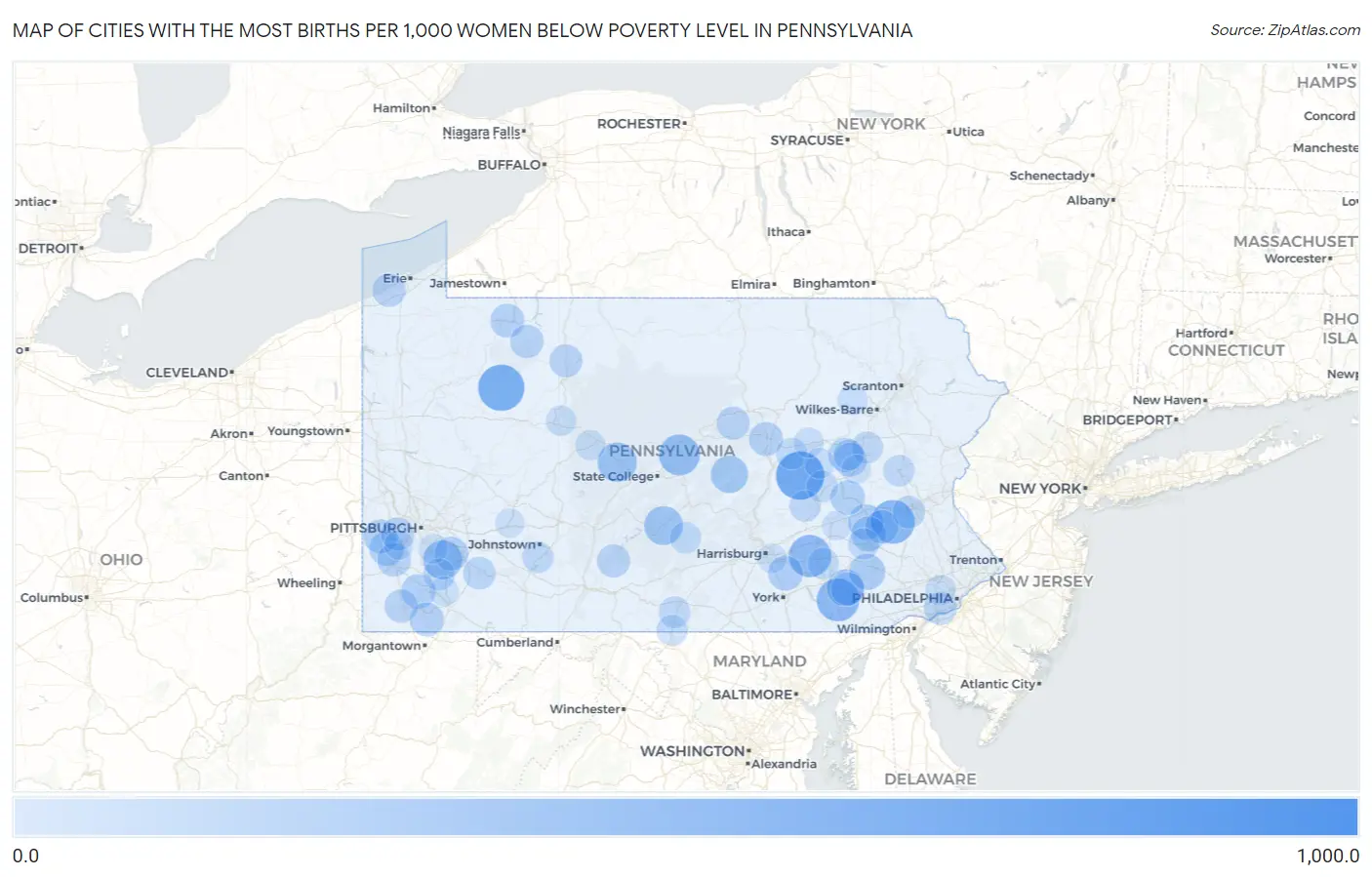 Cities with the Most Births per 1,000 Women Below Poverty Level in Pennsylvania Map