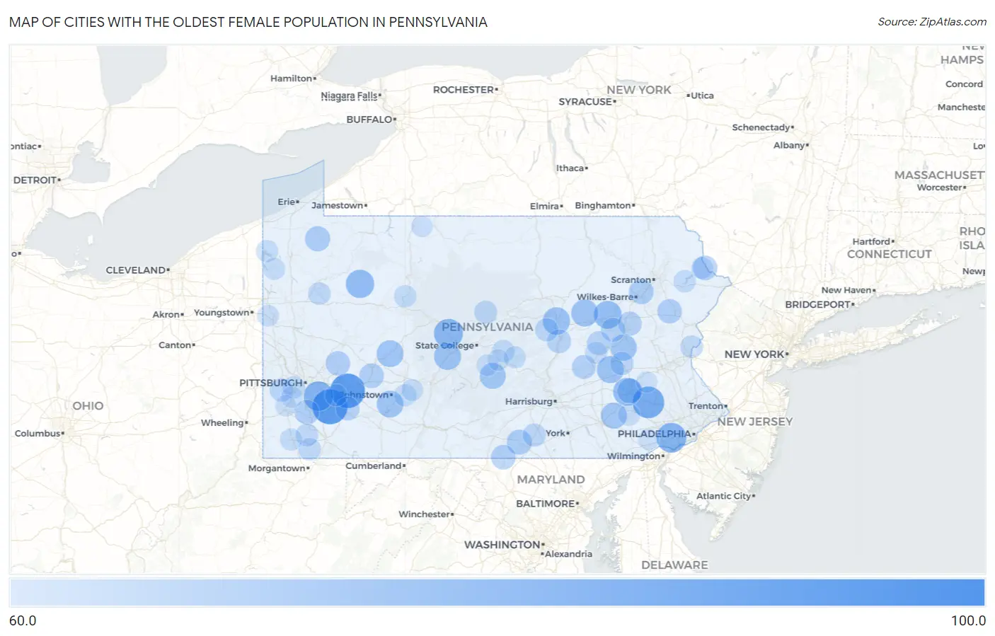 Cities with the Oldest Female Population in Pennsylvania Map