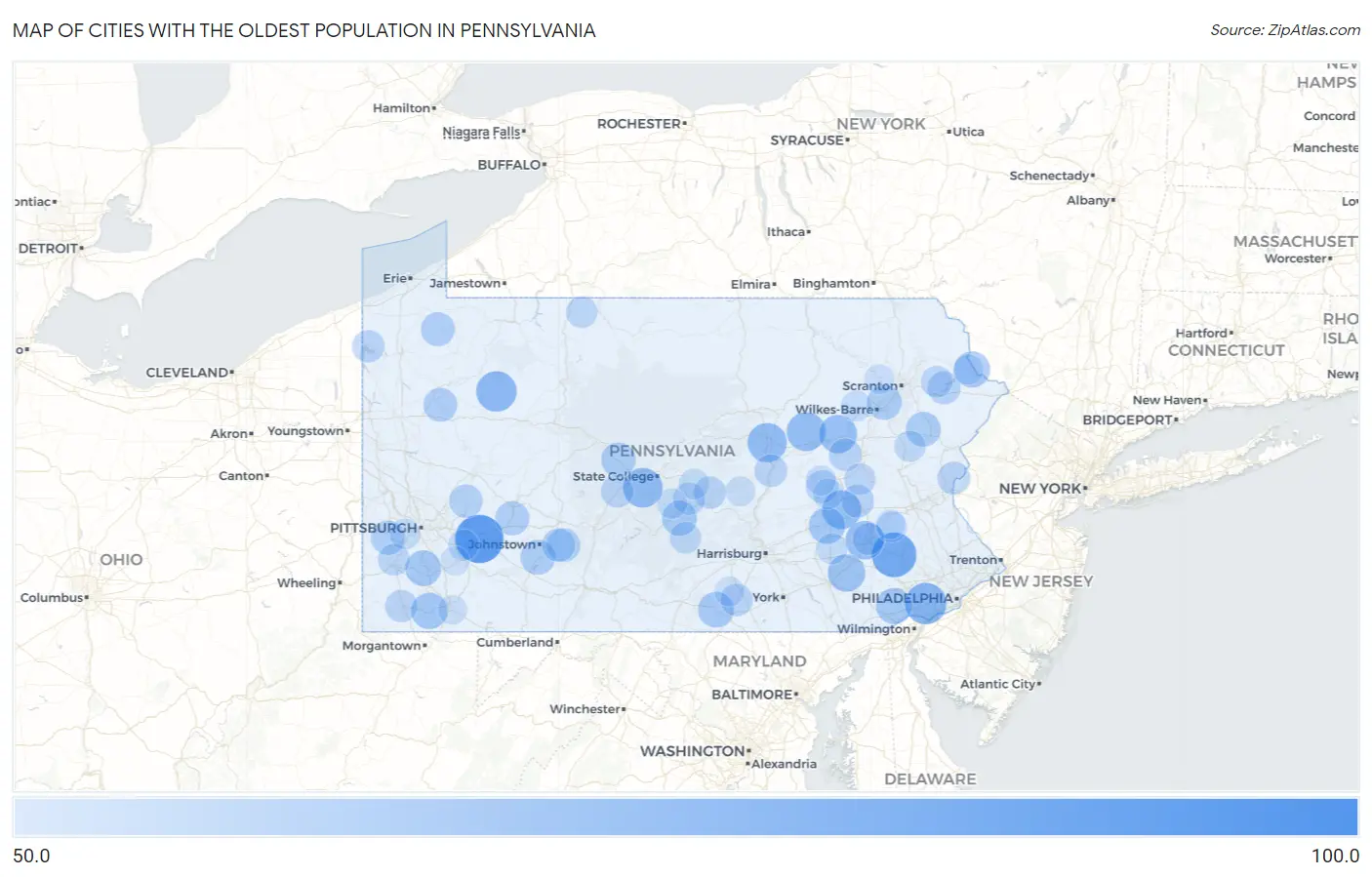 Cities with the Oldest Population in Pennsylvania Map