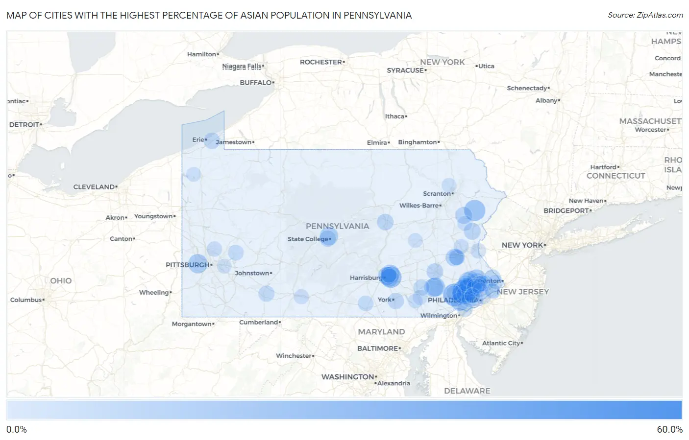 Cities with the Highest Percentage of Asian Population in Pennsylvania Map