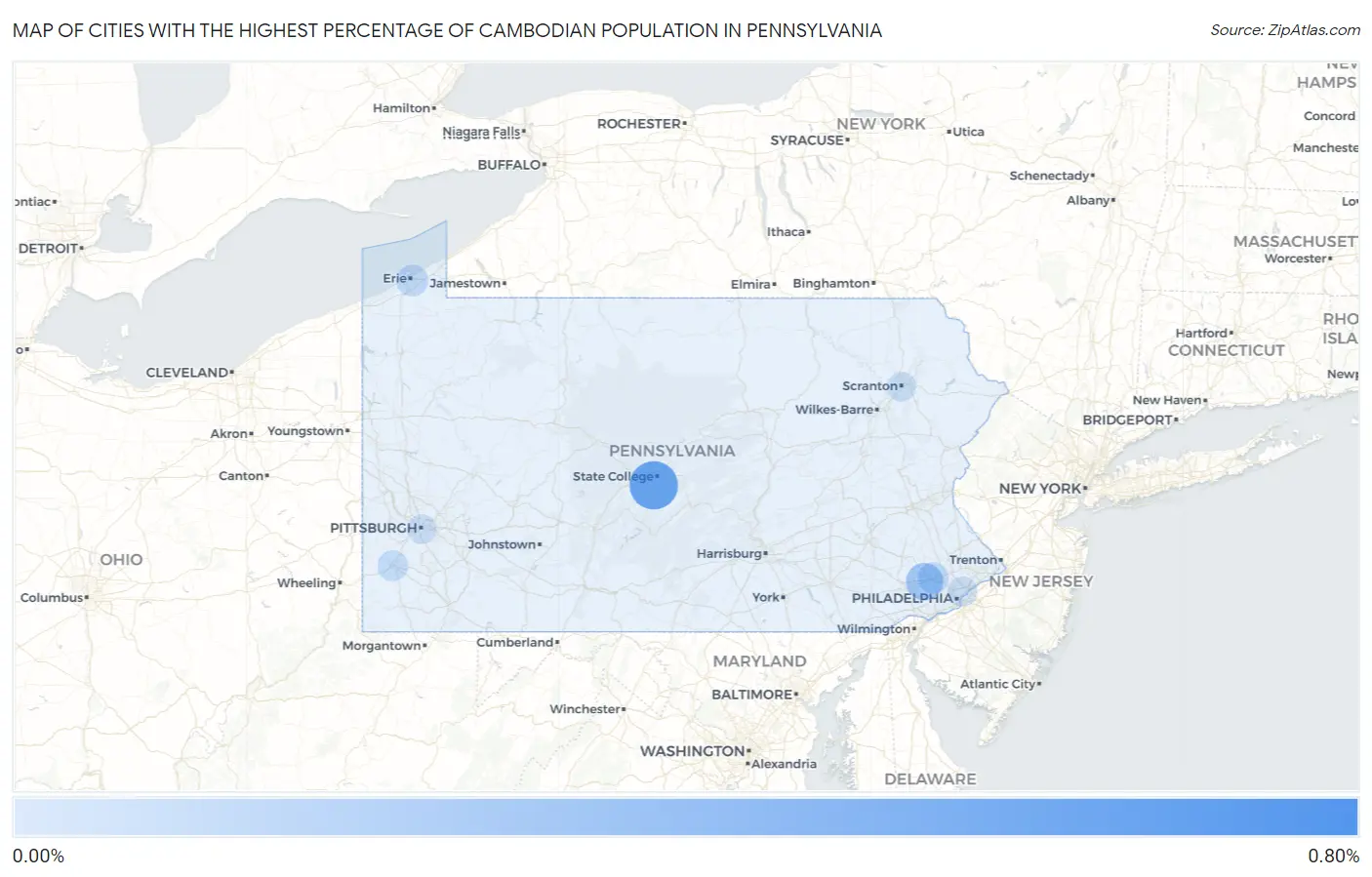 Cities with the Highest Percentage of Cambodian Population in Pennsylvania Map