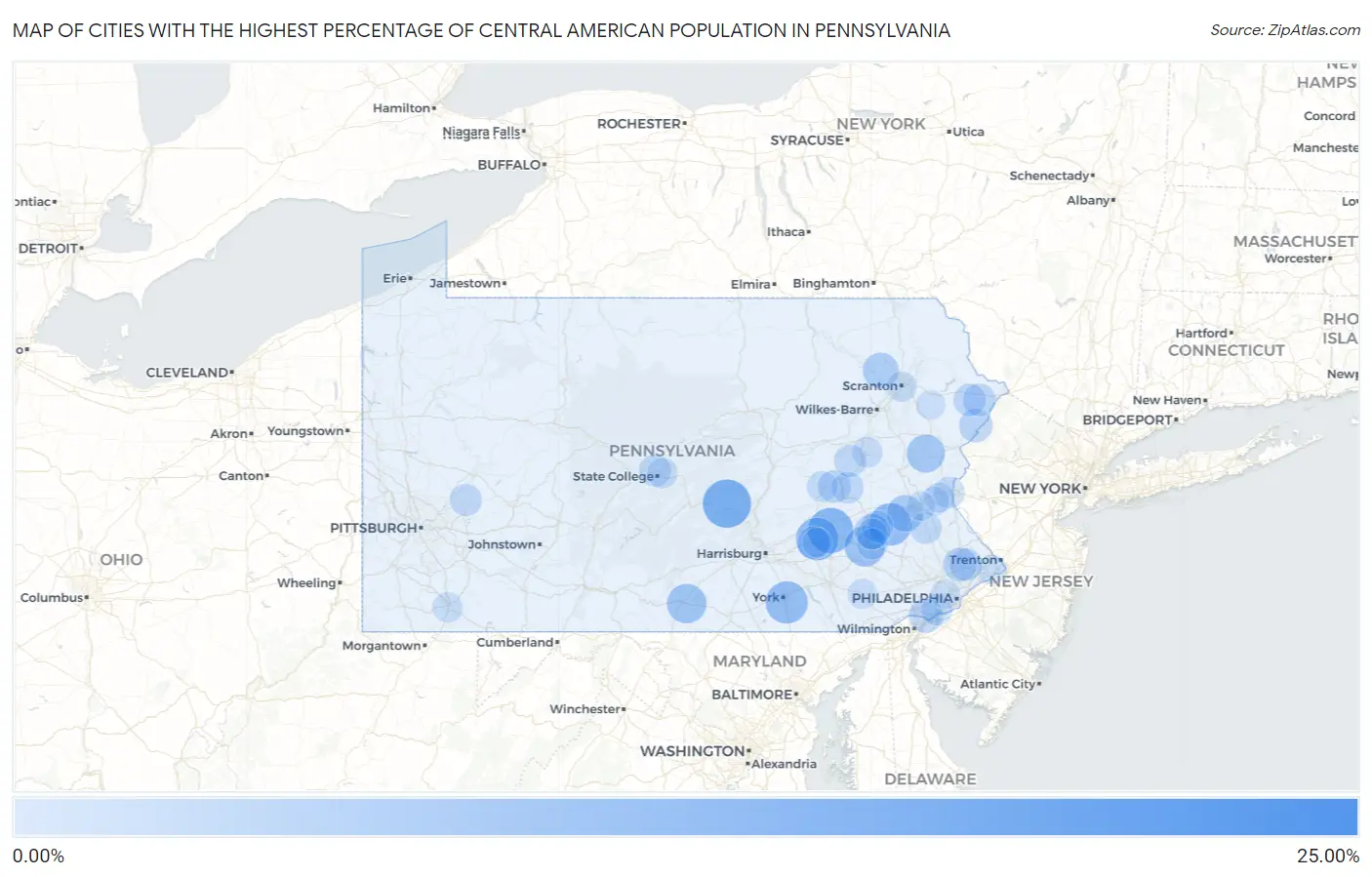 Cities with the Highest Percentage of Central American Population in Pennsylvania Map