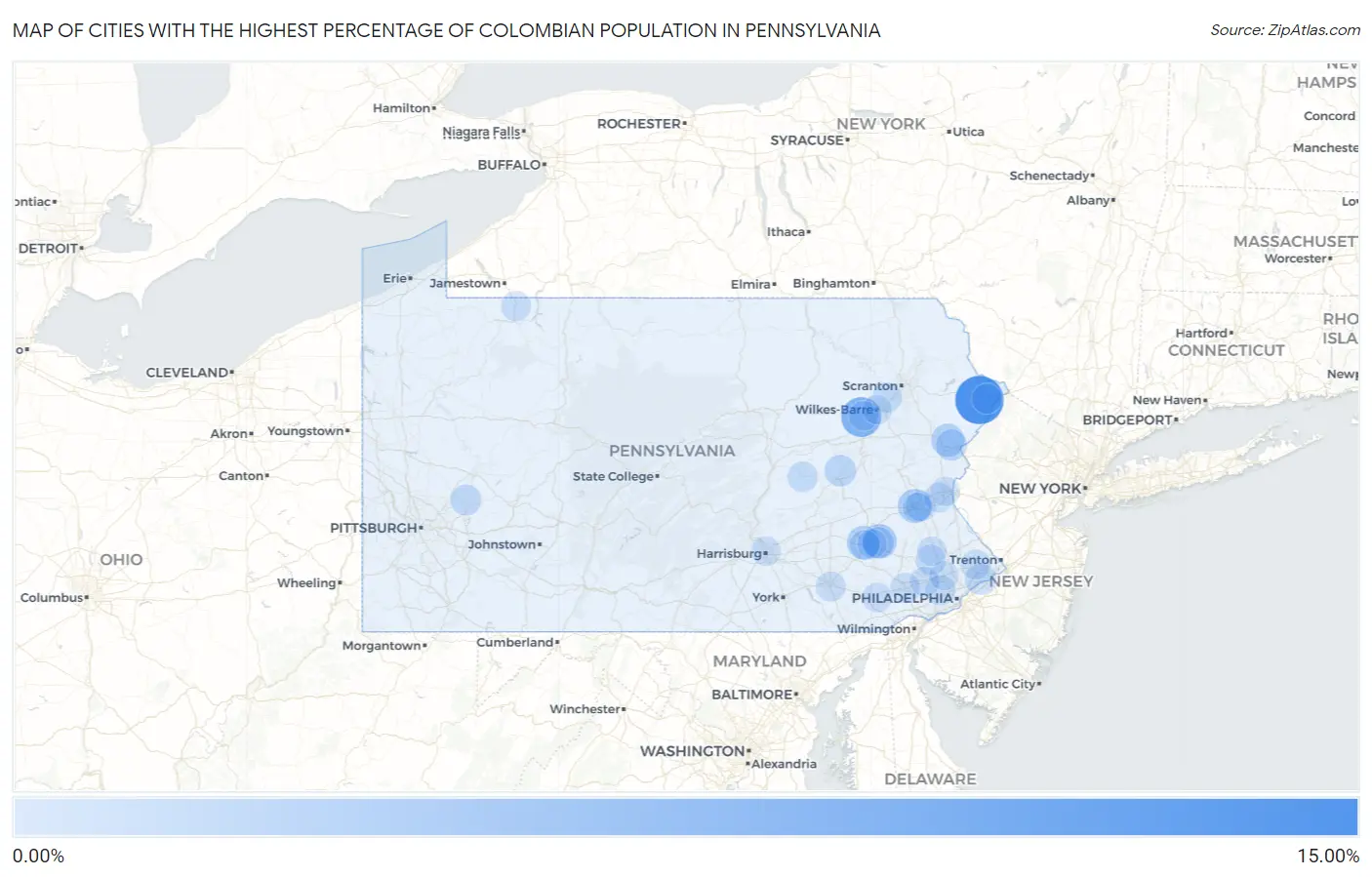 Cities with the Highest Percentage of Colombian Population in Pennsylvania Map