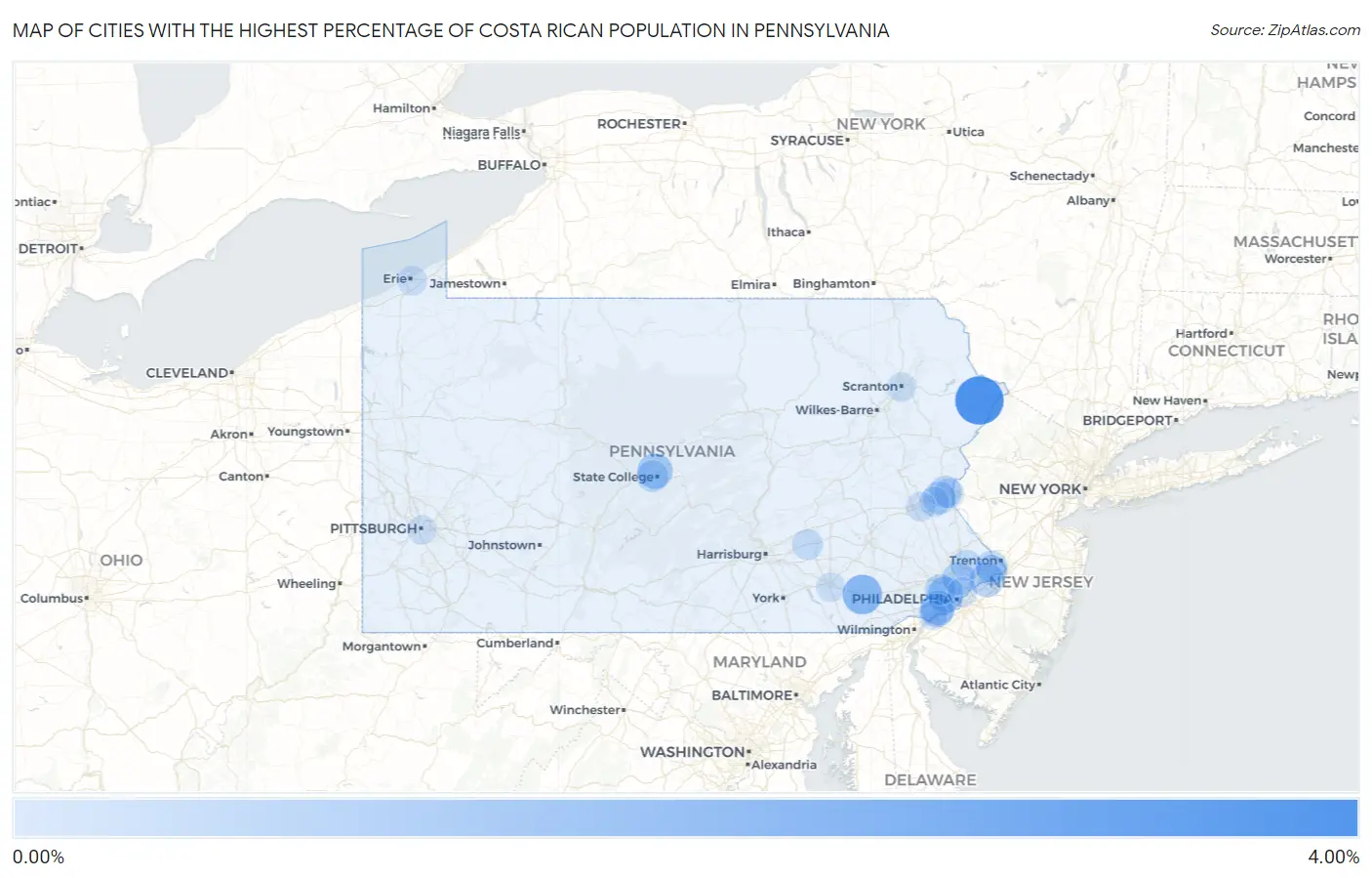 Cities with the Highest Percentage of Costa Rican Population in Pennsylvania Map