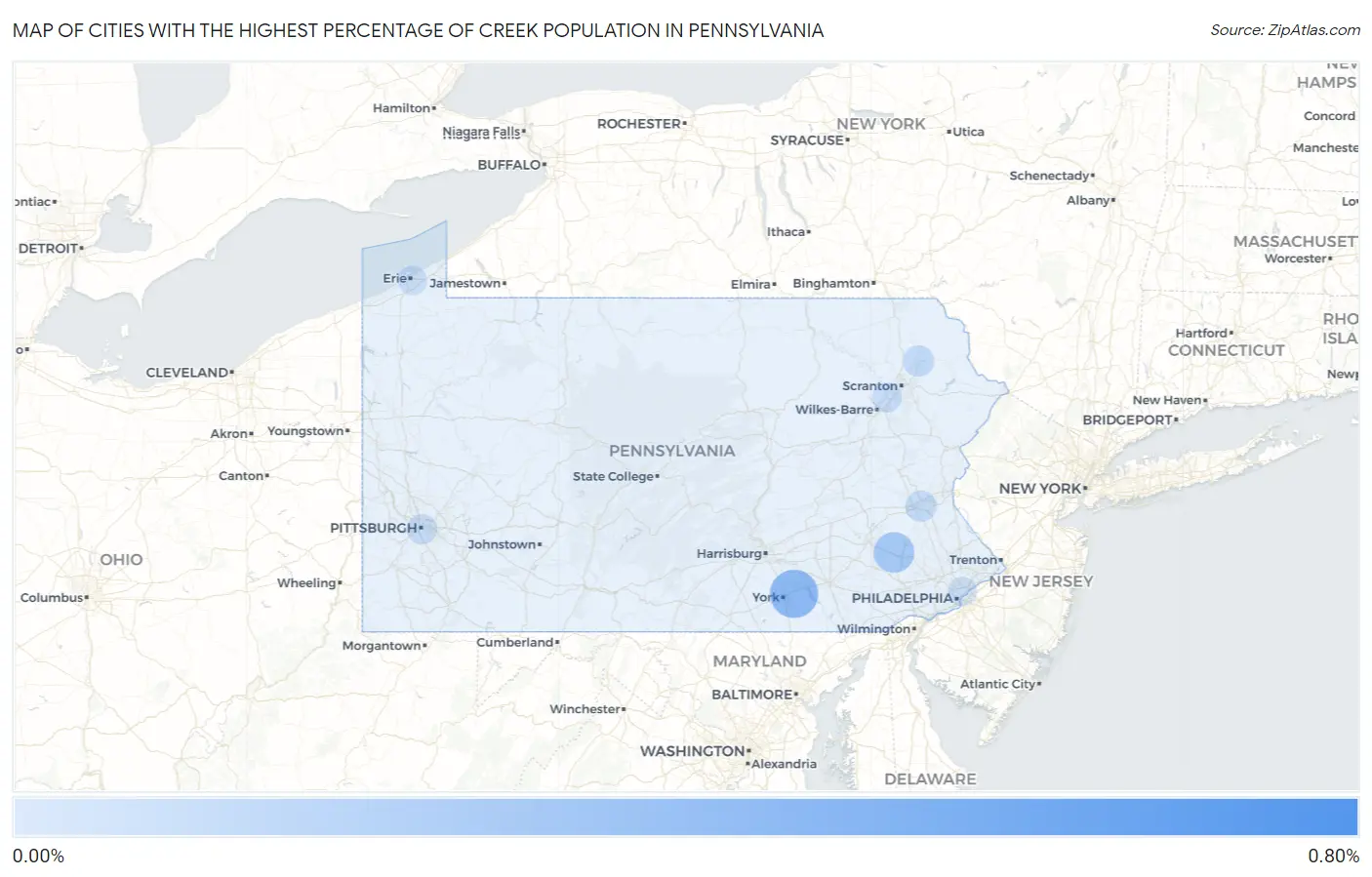 Cities with the Highest Percentage of Creek Population in Pennsylvania Map