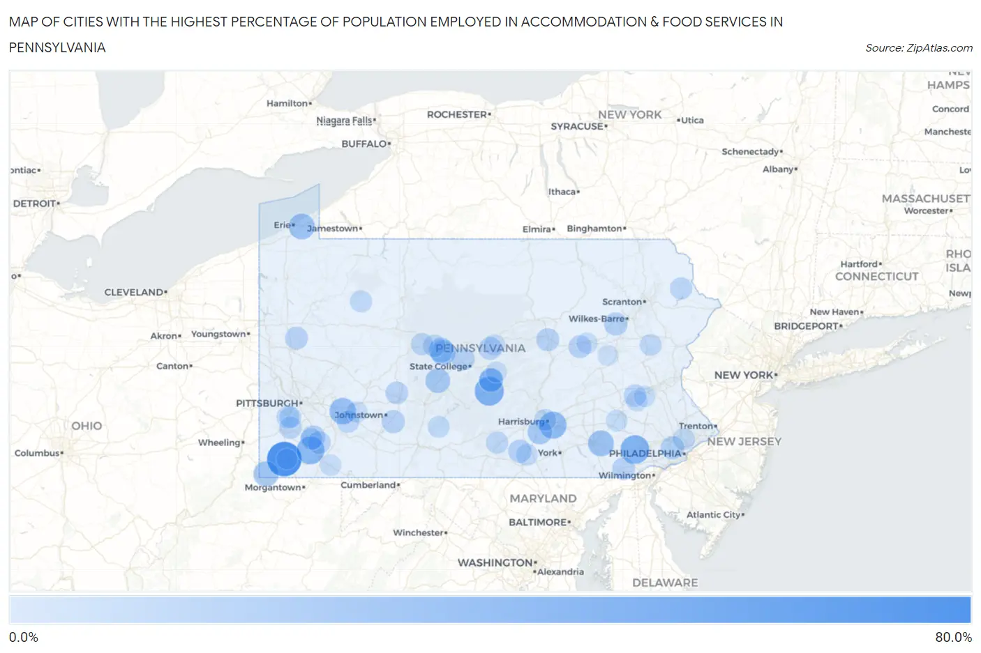 Cities with the Highest Percentage of Population Employed in Accommodation & Food Services in Pennsylvania Map