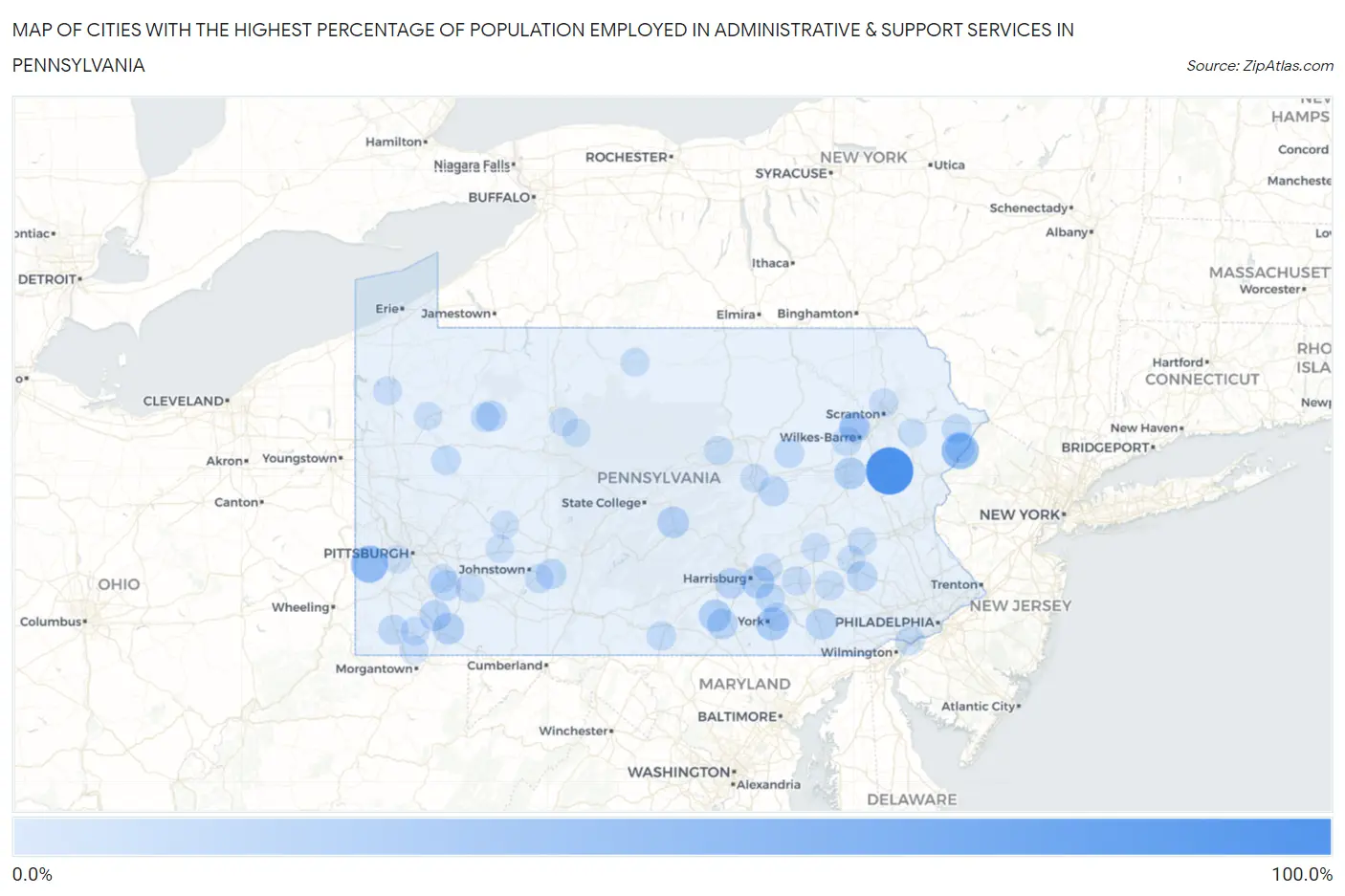 Cities with the Highest Percentage of Population Employed in Administrative & Support Services in Pennsylvania Map