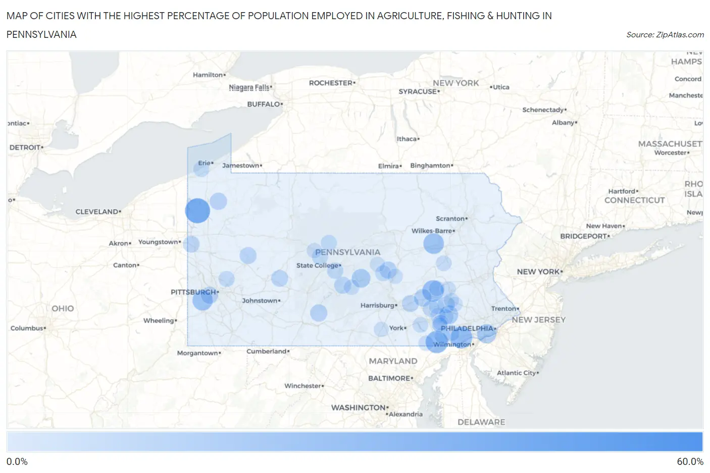 Cities with the Highest Percentage of Population Employed in Agriculture, Fishing & Hunting in Pennsylvania Map