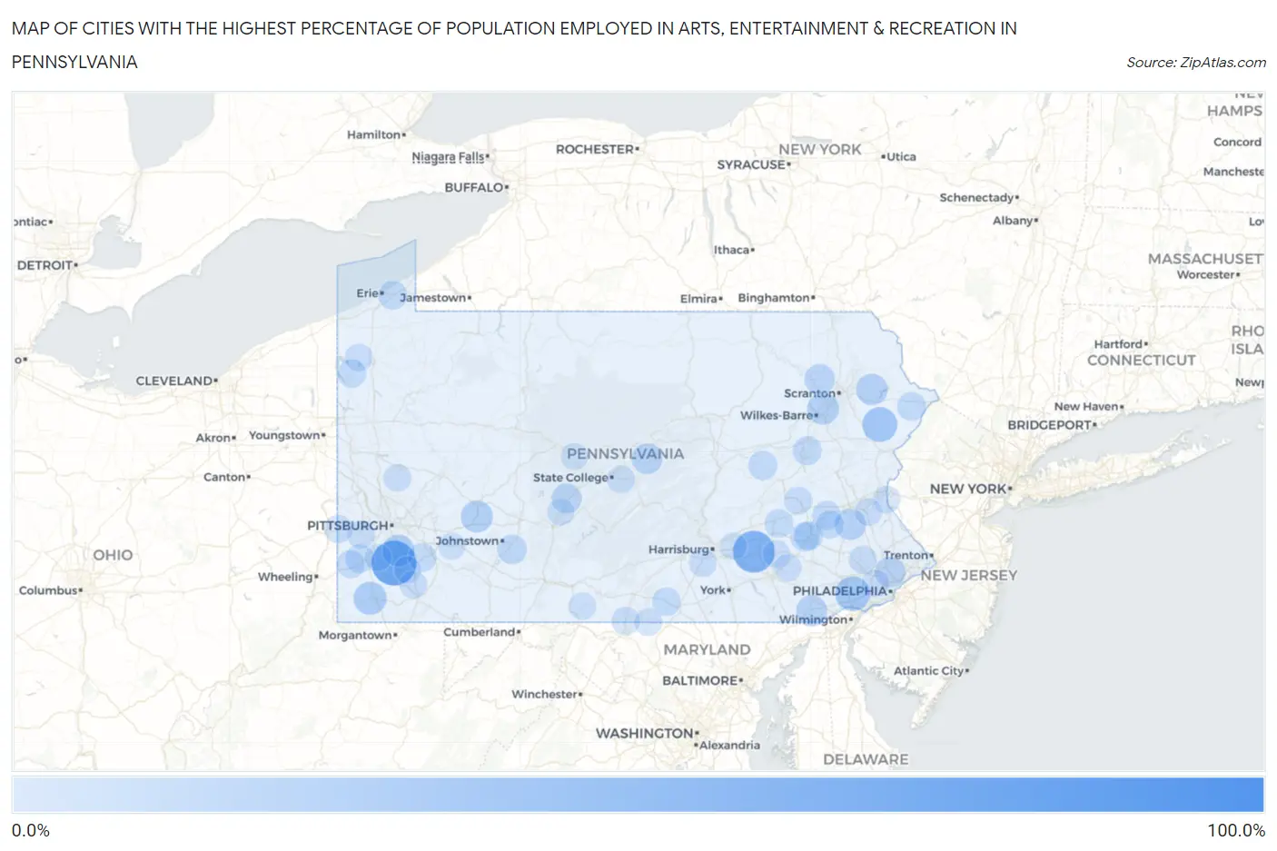 Cities with the Highest Percentage of Population Employed in Arts, Entertainment & Recreation in Pennsylvania Map