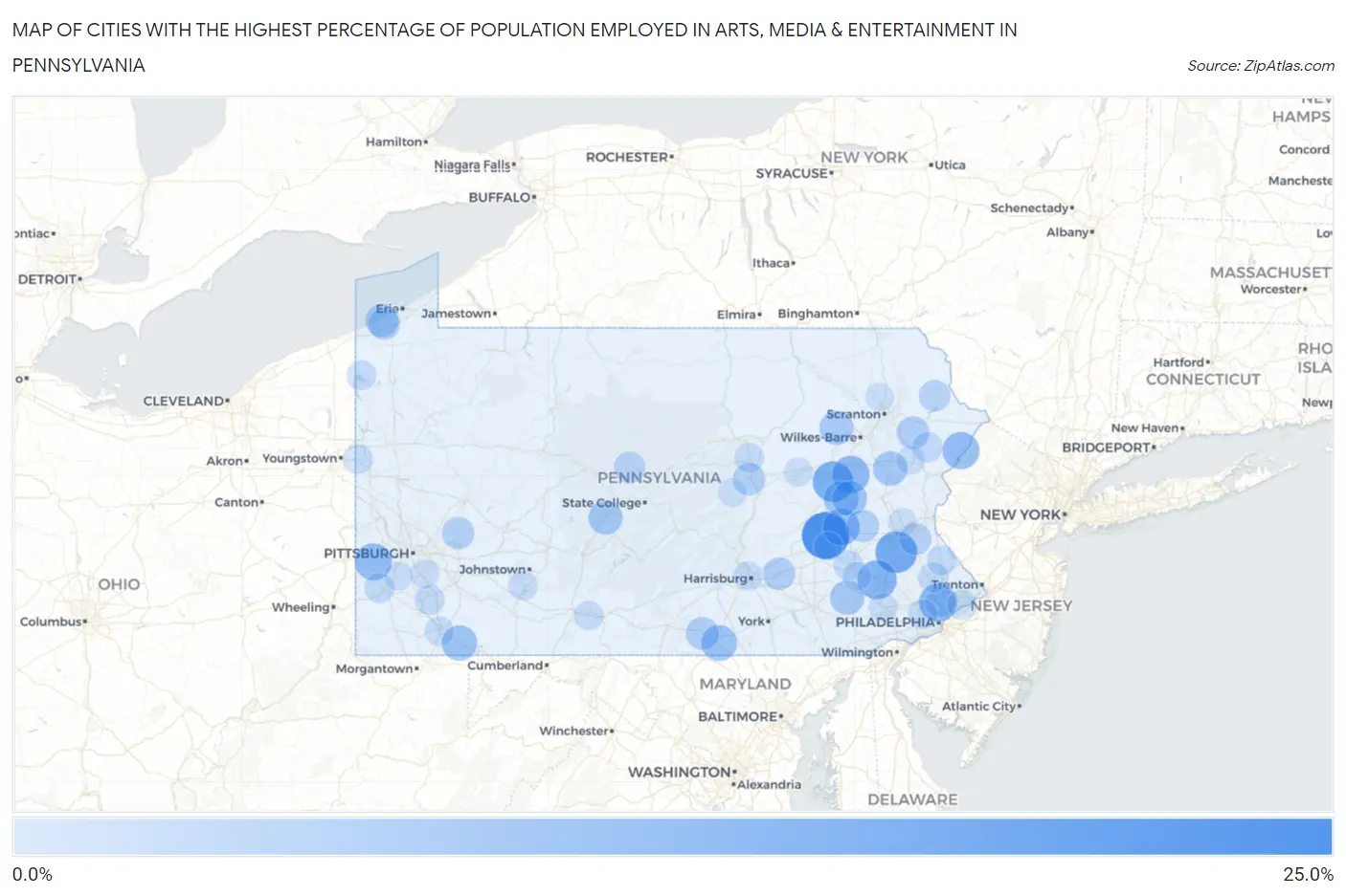 Cities with the Highest Percentage of Population Employed in Arts, Media & Entertainment in Pennsylvania Map