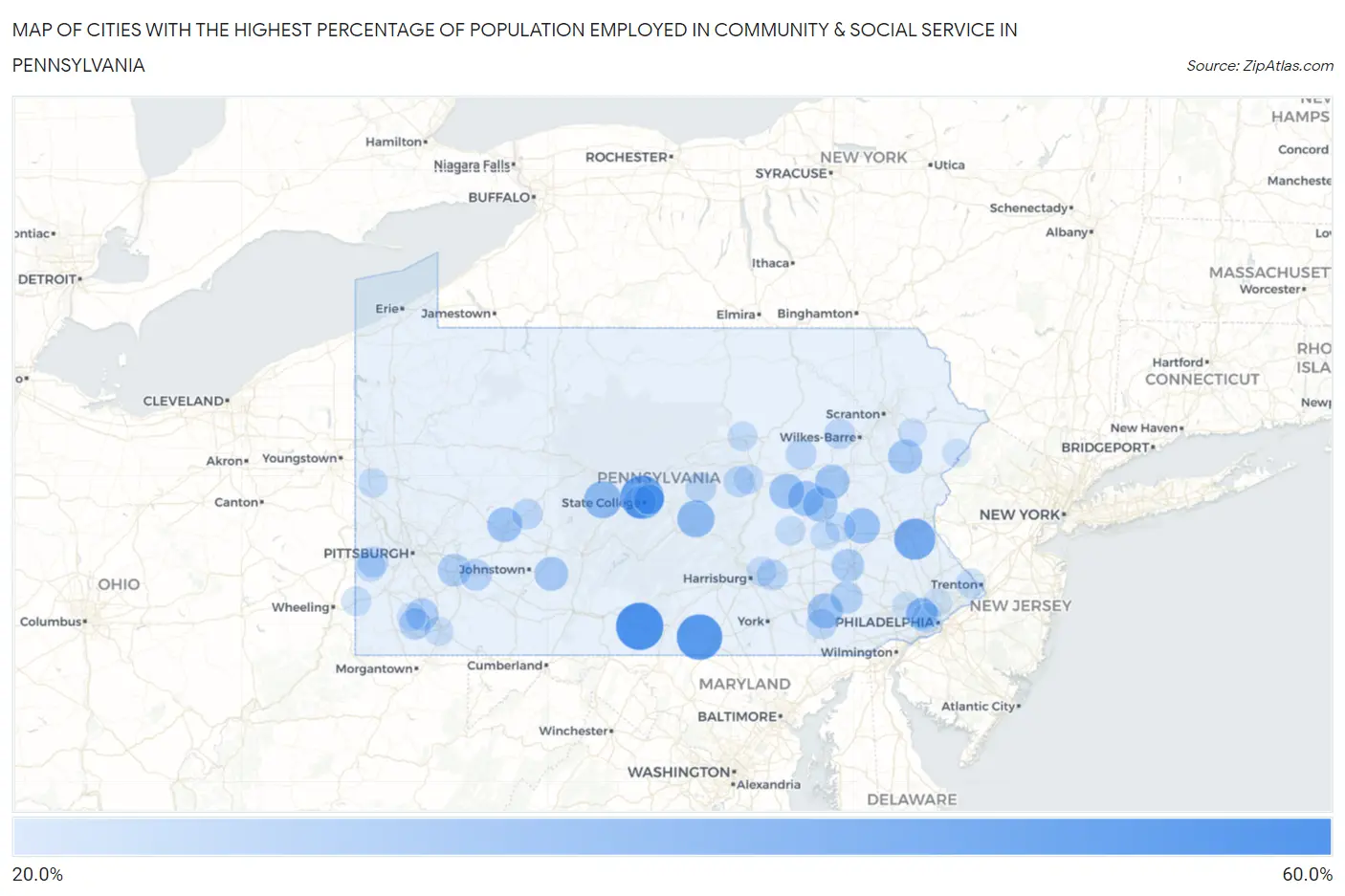 Cities with the Highest Percentage of Population Employed in Community & Social Service  in Pennsylvania Map