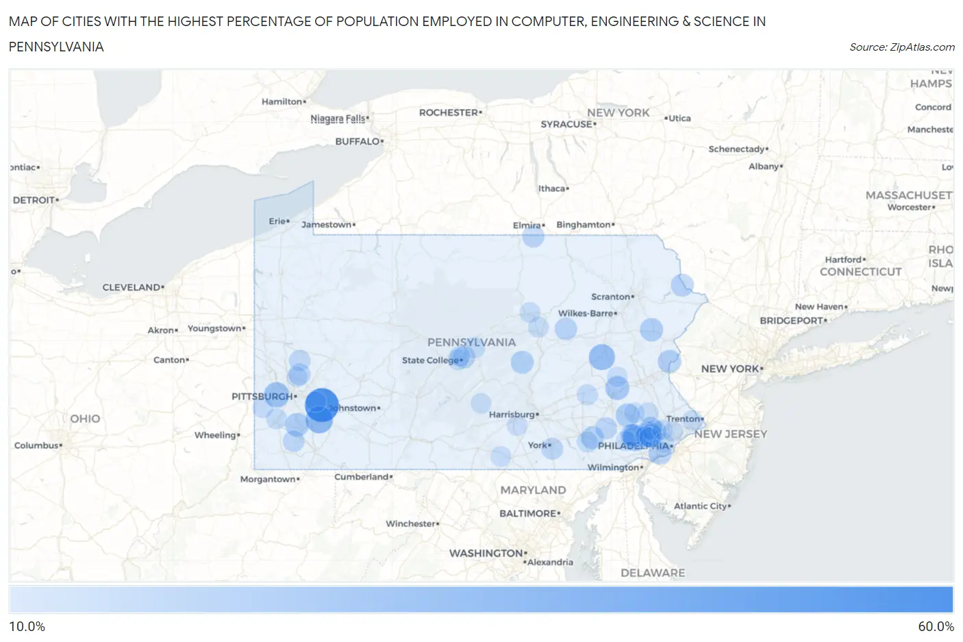 Cities with the Highest Percentage of Population Employed in Computer, Engineering & Science in Pennsylvania Map