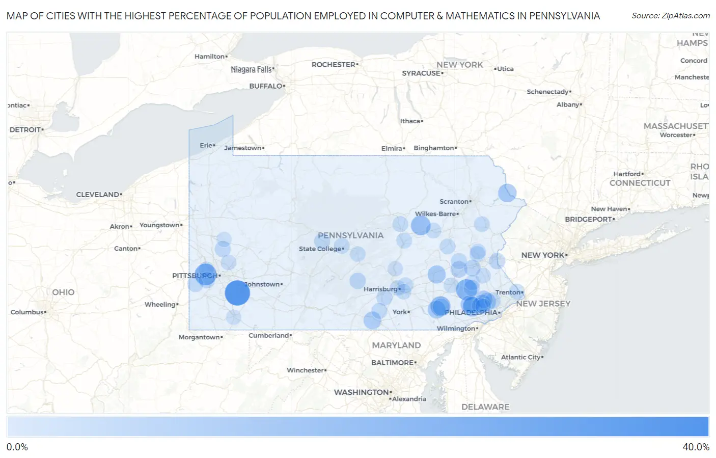 Cities with the Highest Percentage of Population Employed in Computer & Mathematics in Pennsylvania Map