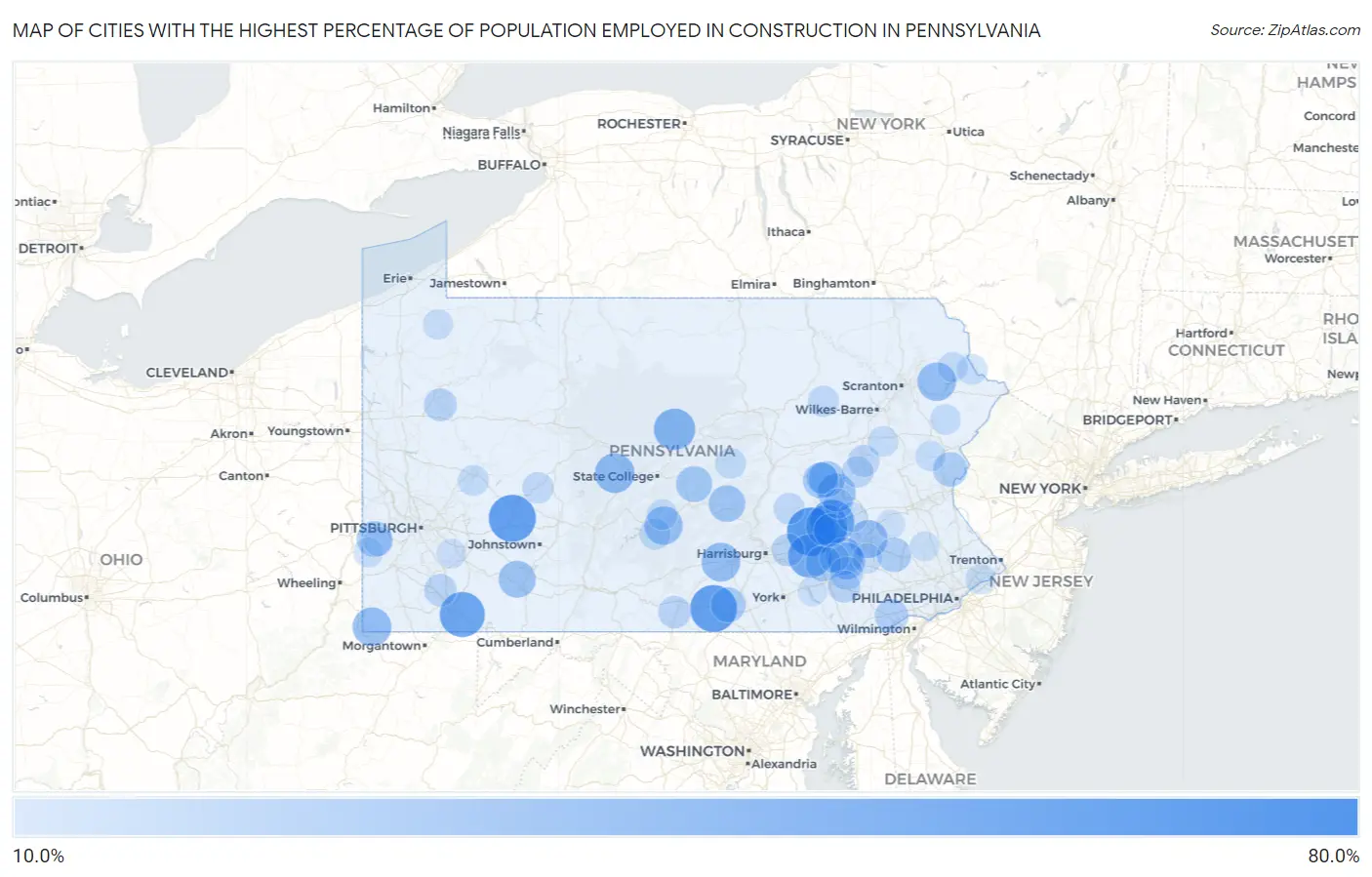 Cities with the Highest Percentage of Population Employed in Construction in Pennsylvania Map