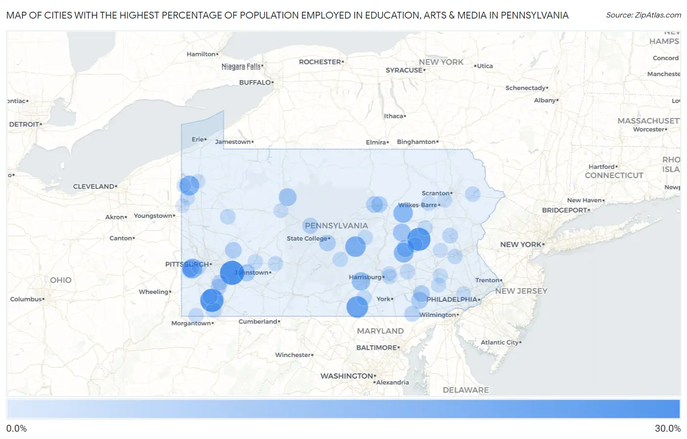 Cities with the Highest Percentage of Population Employed in Education, Arts & Media in Pennsylvania Map