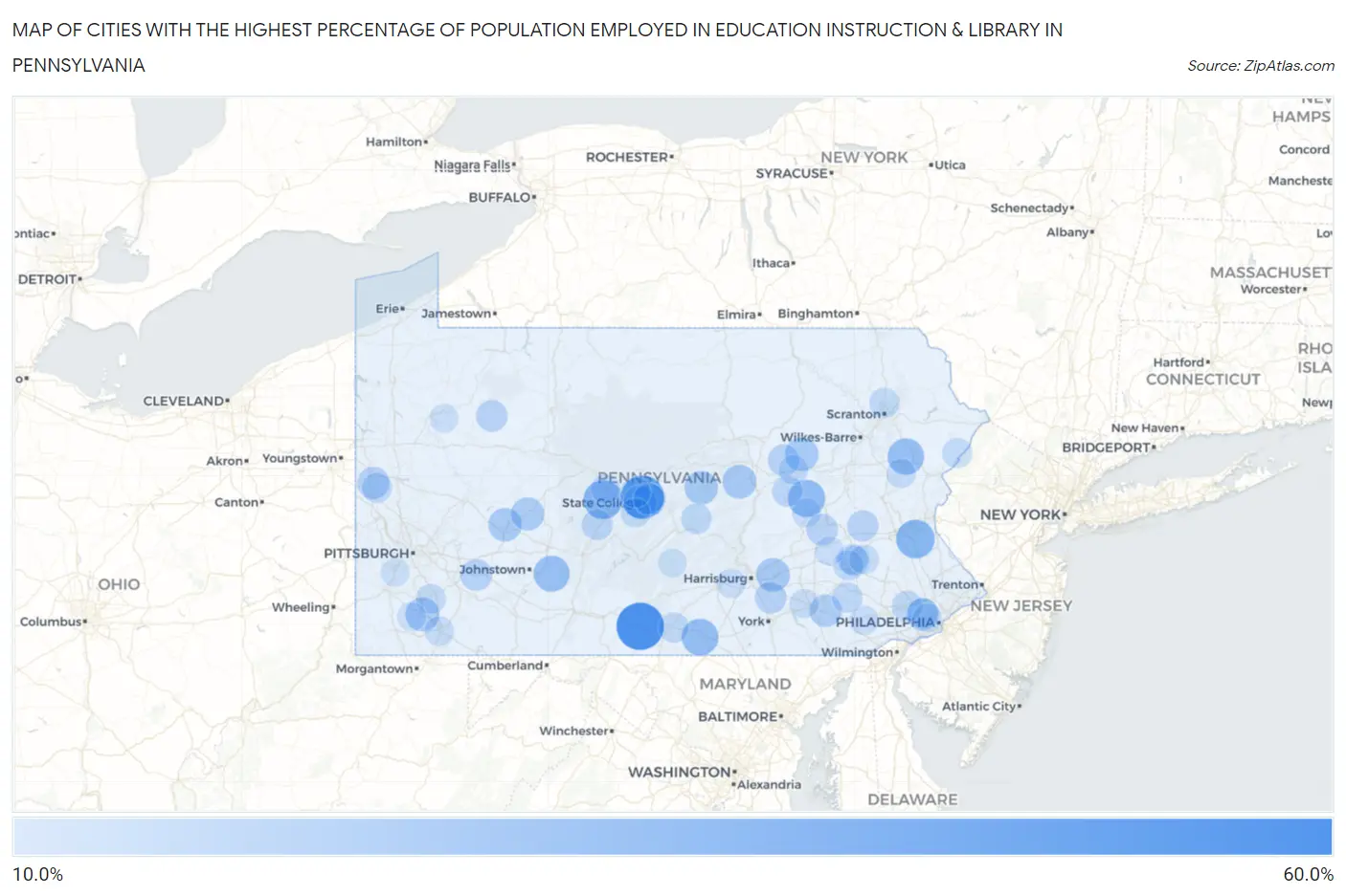 Cities with the Highest Percentage of Population Employed in Education Instruction & Library in Pennsylvania Map