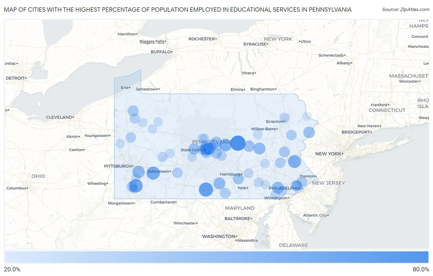 Cities with the Highest Percentage of Population Employed in Educational Services in Pennsylvania Map