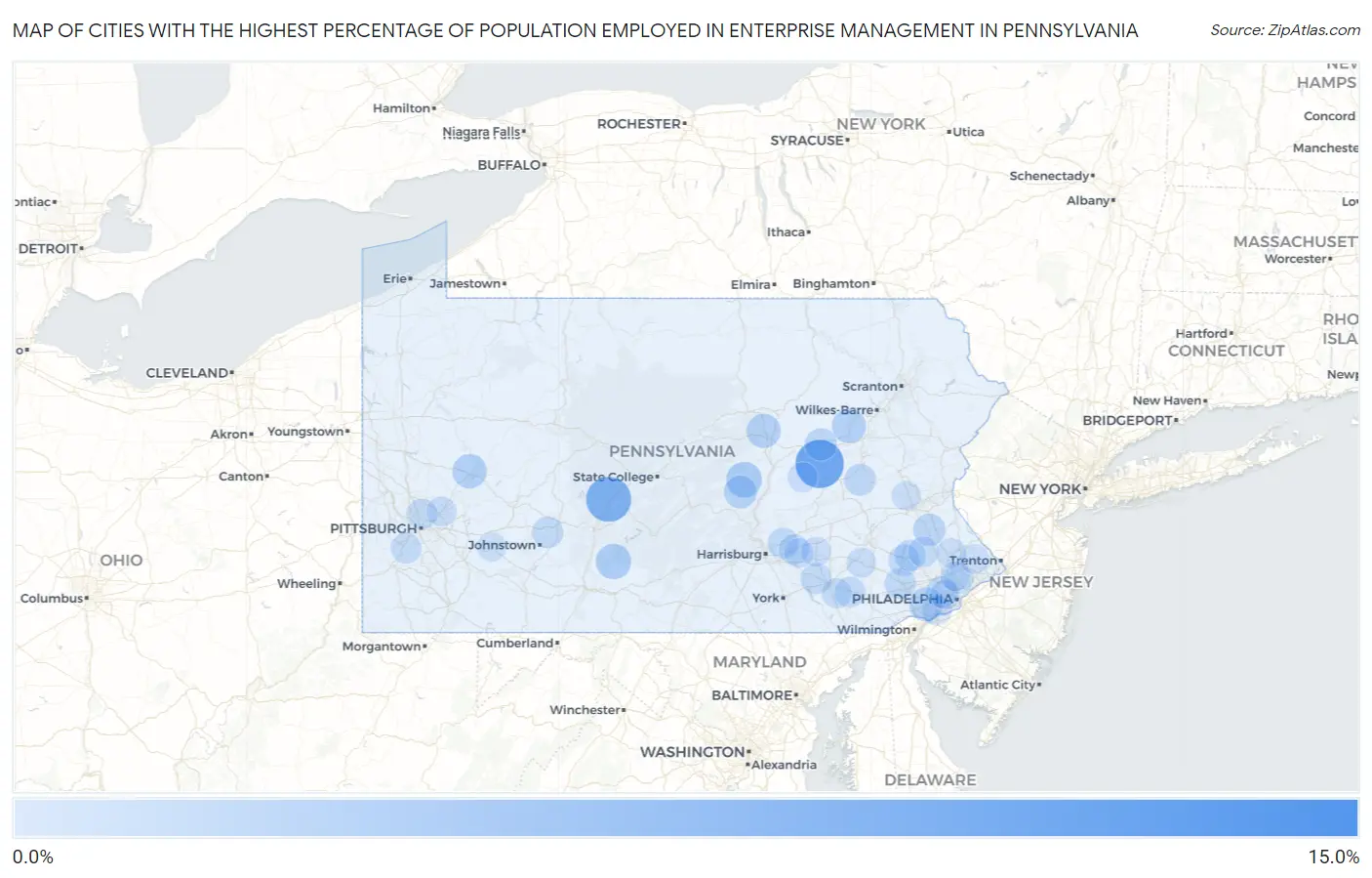 Cities with the Highest Percentage of Population Employed in Enterprise Management in Pennsylvania Map