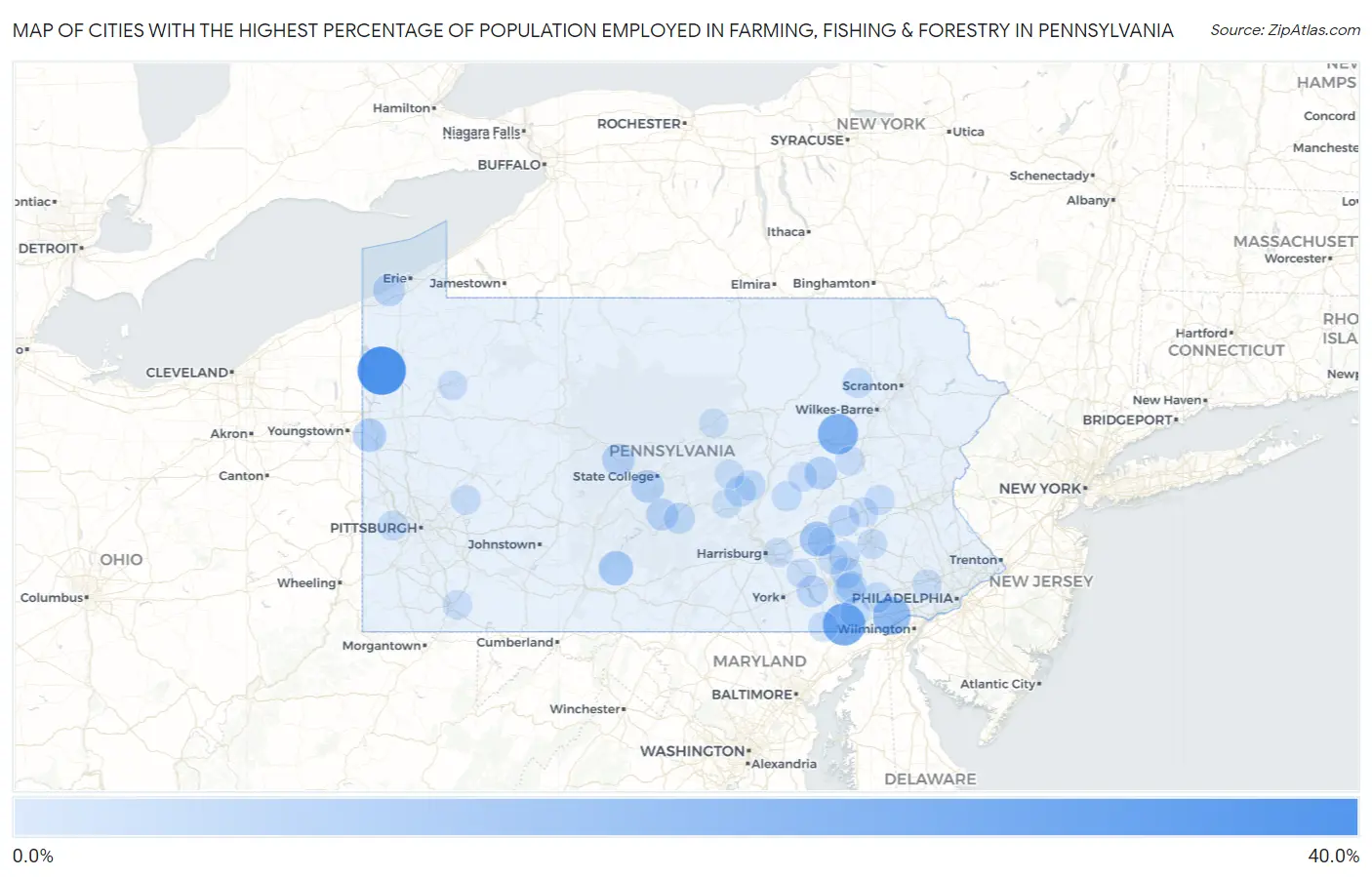 Cities with the Highest Percentage of Population Employed in Farming, Fishing & Forestry in Pennsylvania Map