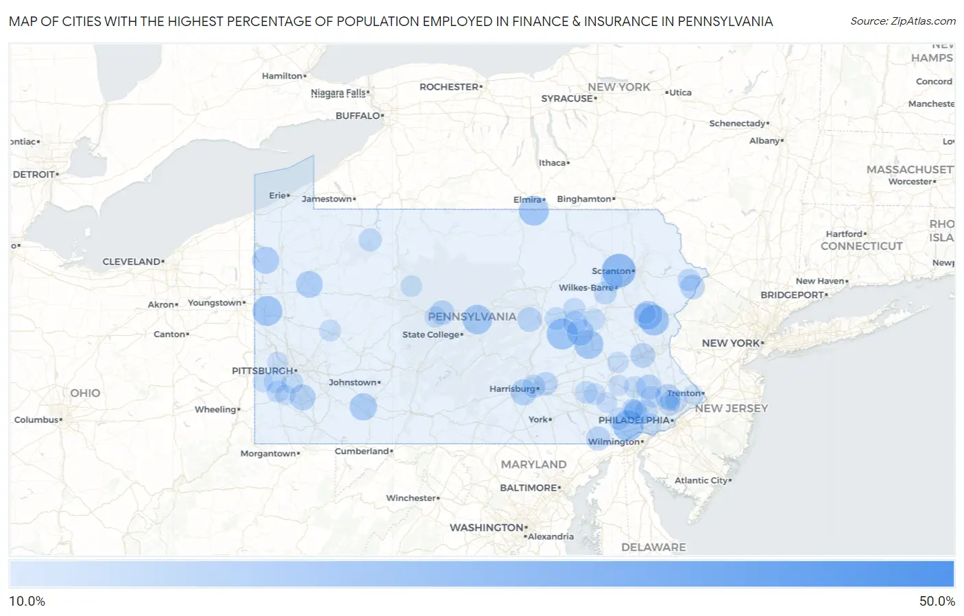 Cities with the Highest Percentage of Population Employed in Finance & Insurance in Pennsylvania Map