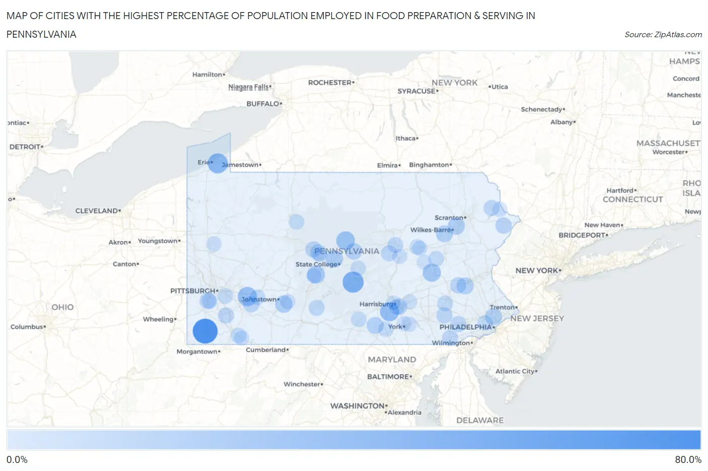 Cities with the Highest Percentage of Population Employed in Food Preparation & Serving in Pennsylvania Map