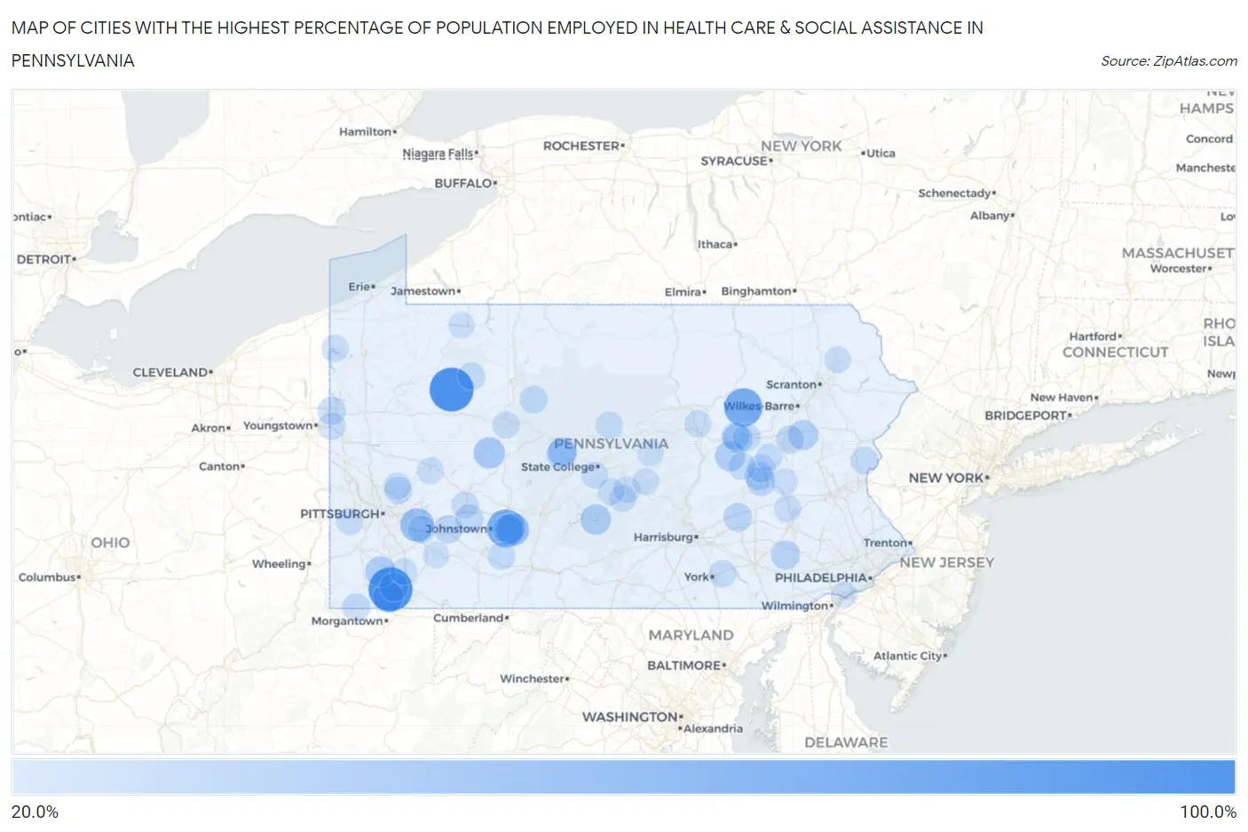 Cities with the Highest Percentage of Population Employed in Health Care & Social Assistance in Pennsylvania Map