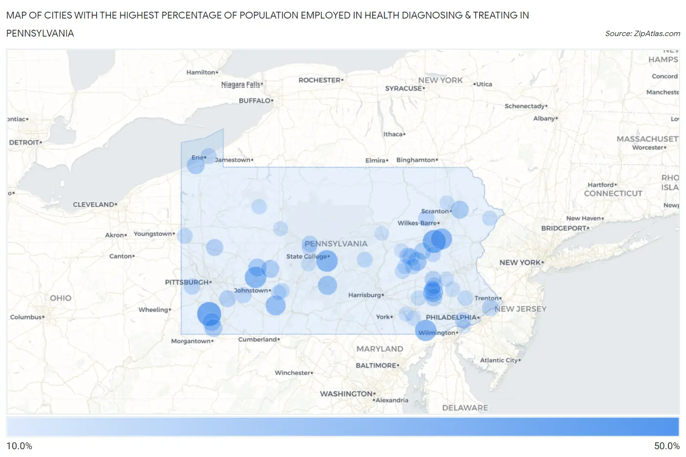 Cities with the Highest Percentage of Population Employed in Health Diagnosing & Treating in Pennsylvania Map
