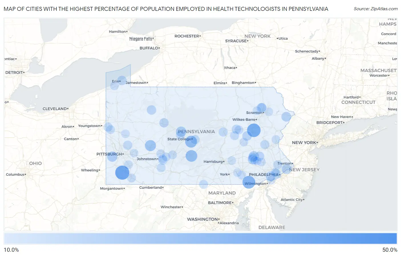 Cities with the Highest Percentage of Population Employed in Health Technologists in Pennsylvania Map