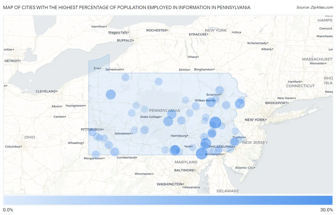 Cities with the Highest Percentage of Population Employed in Information in Pennsylvania Map