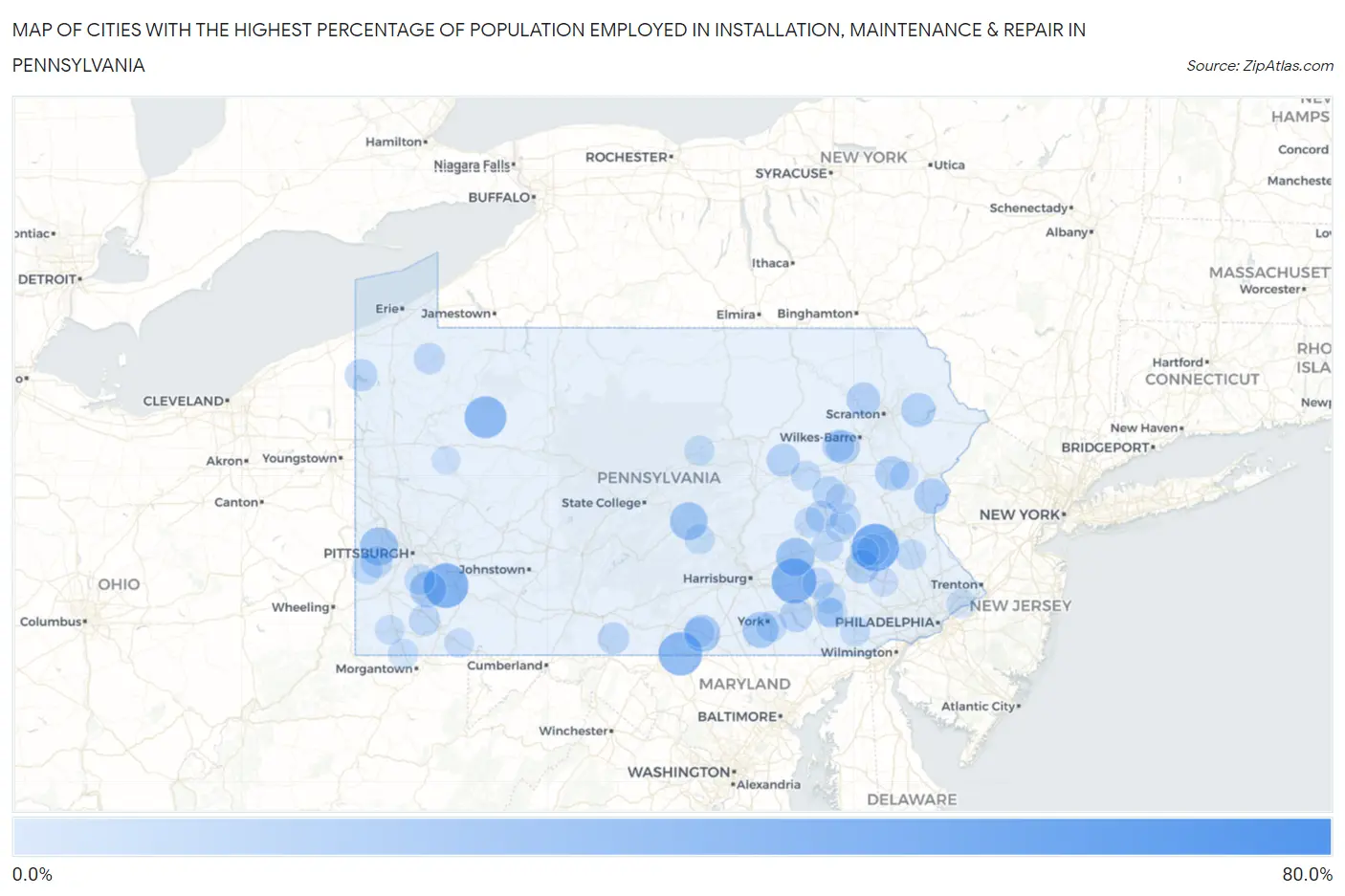 Cities with the Highest Percentage of Population Employed in Installation, Maintenance & Repair in Pennsylvania Map