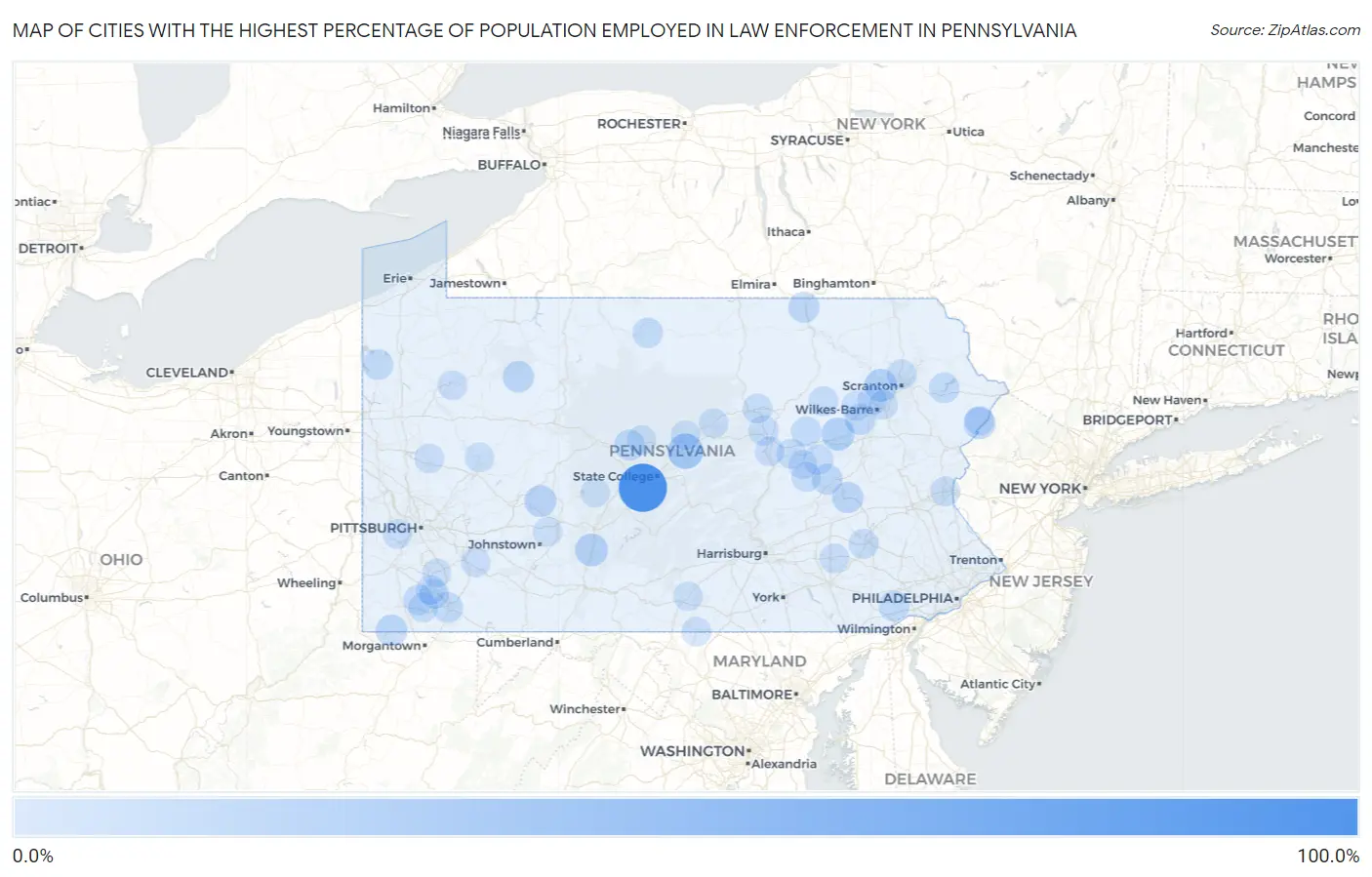 Cities with the Highest Percentage of Population Employed in Law Enforcement in Pennsylvania Map