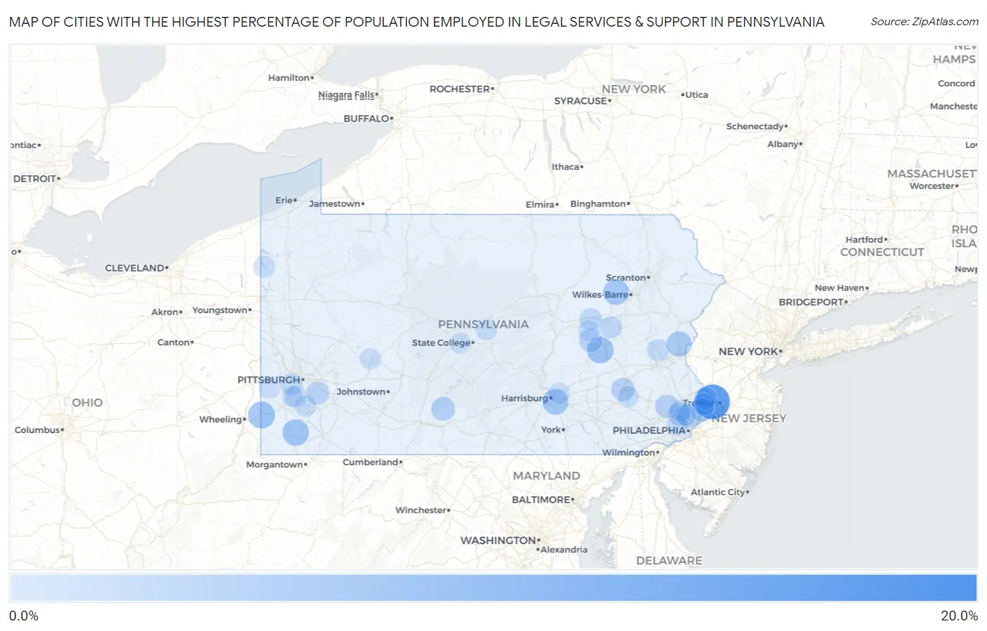 Cities with the Highest Percentage of Population Employed in Legal Services & Support in Pennsylvania Map