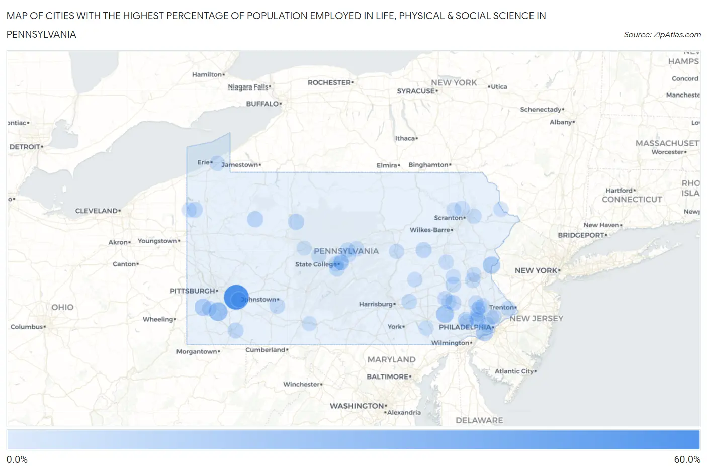 Cities with the Highest Percentage of Population Employed in Life, Physical & Social Science in Pennsylvania Map