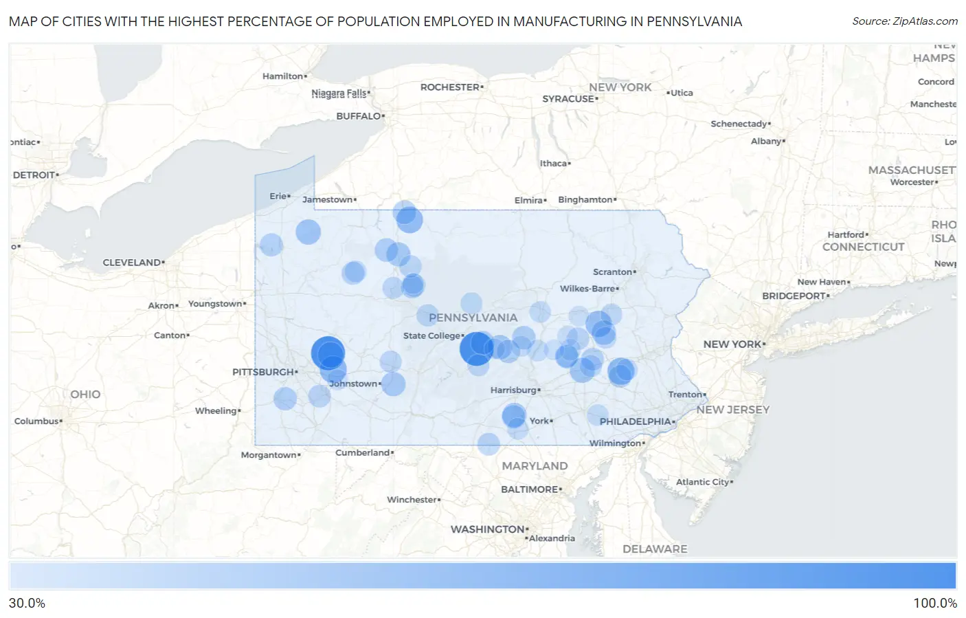 Cities with the Highest Percentage of Population Employed in Manufacturing in Pennsylvania Map