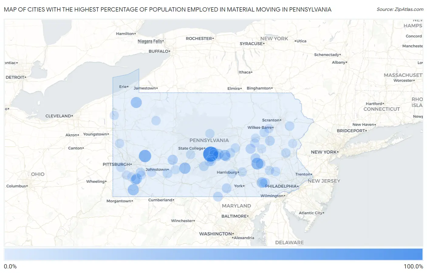 Cities with the Highest Percentage of Population Employed in Material Moving in Pennsylvania Map
