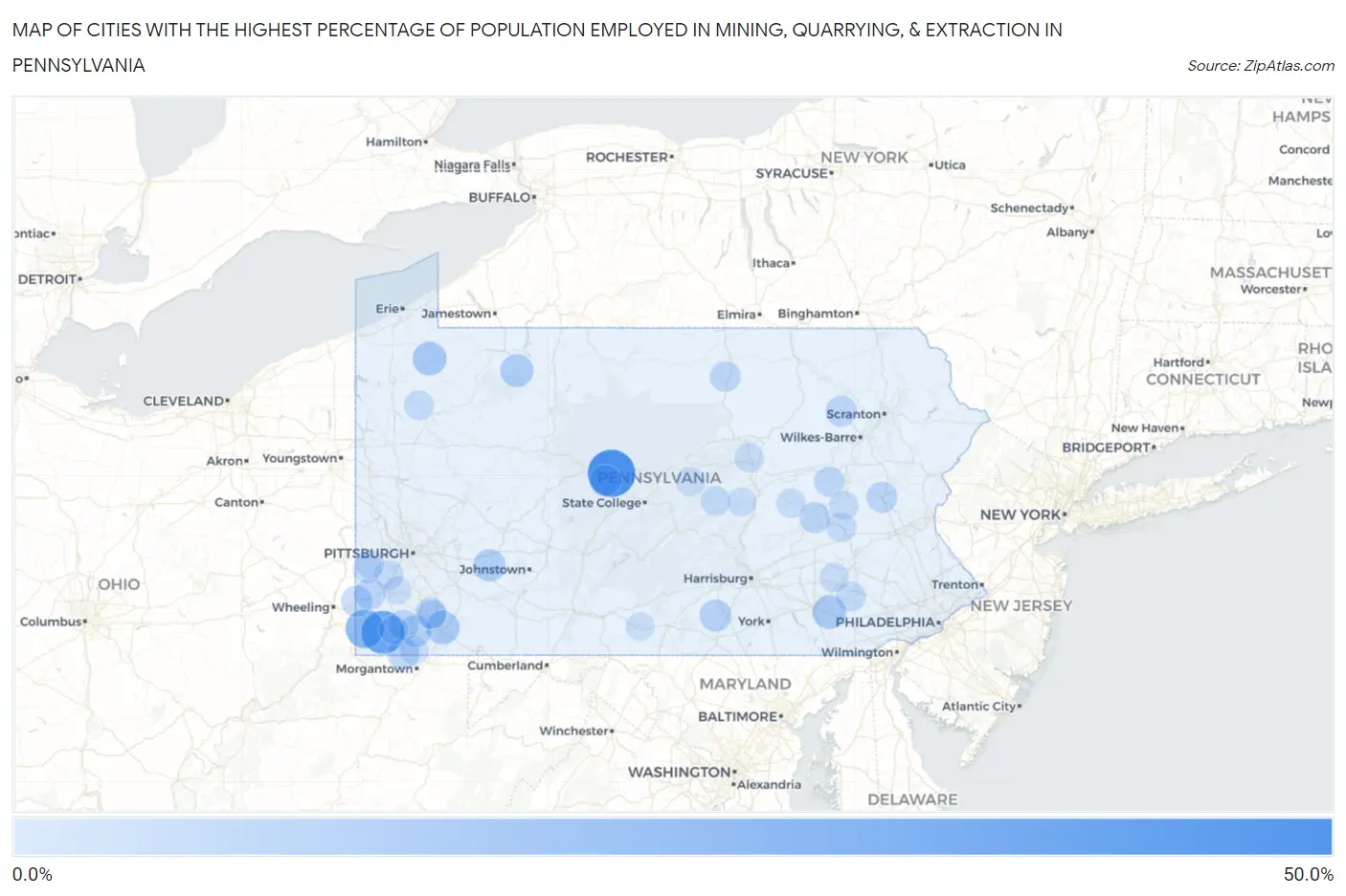 Cities with the Highest Percentage of Population Employed in Mining, Quarrying, & Extraction in Pennsylvania Map