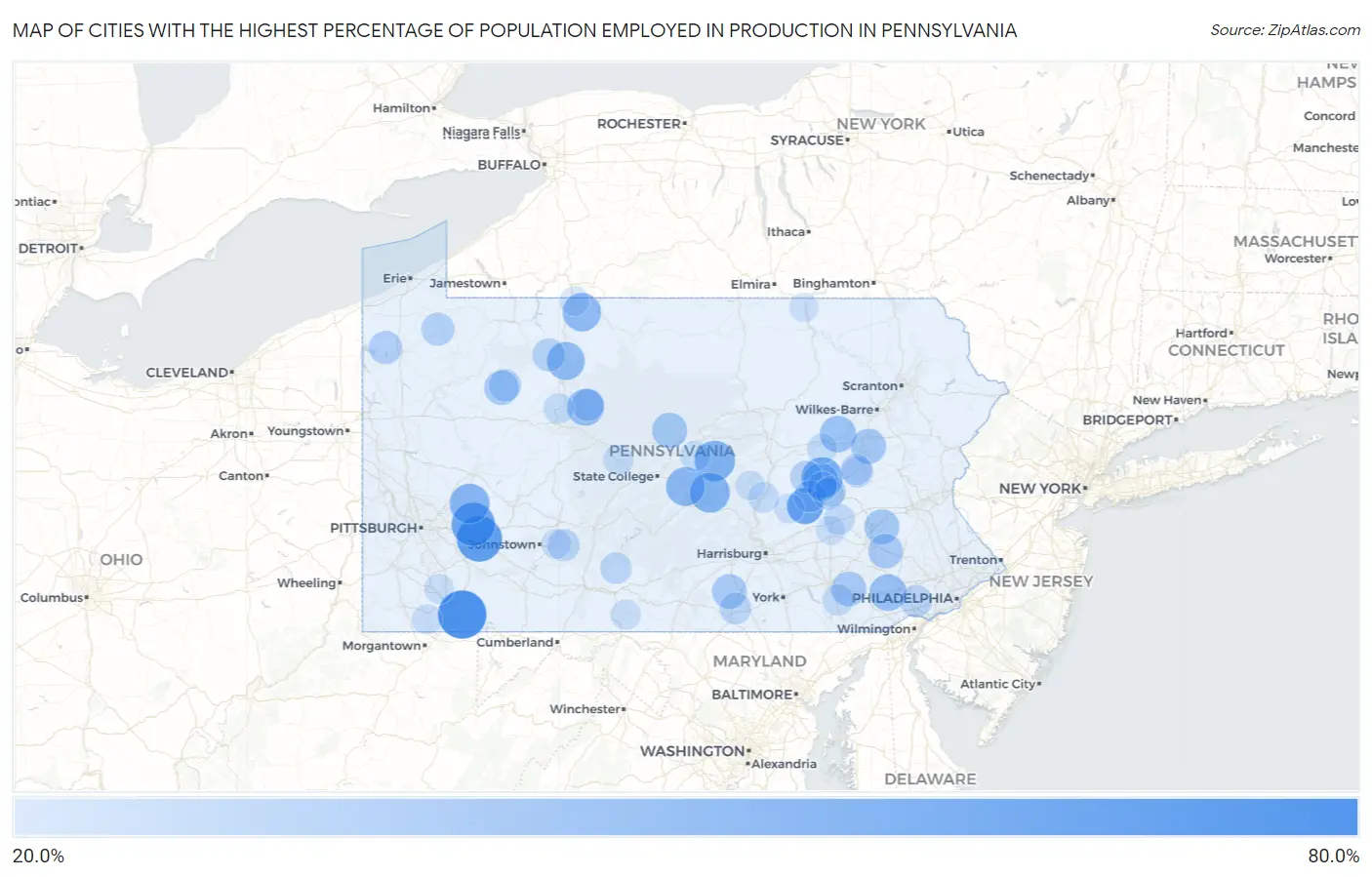 Cities with the Highest Percentage of Population Employed in Production in Pennsylvania Map