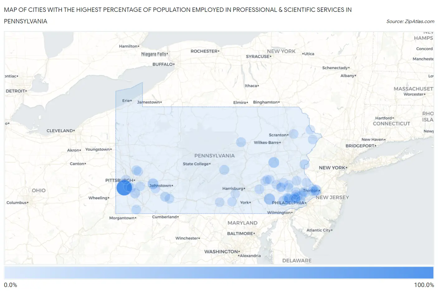 Cities with the Highest Percentage of Population Employed in Professional & Scientific Services in Pennsylvania Map