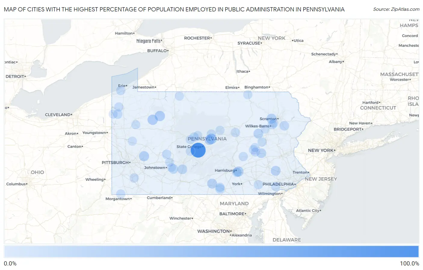 Cities with the Highest Percentage of Population Employed in Public Administration in Pennsylvania Map