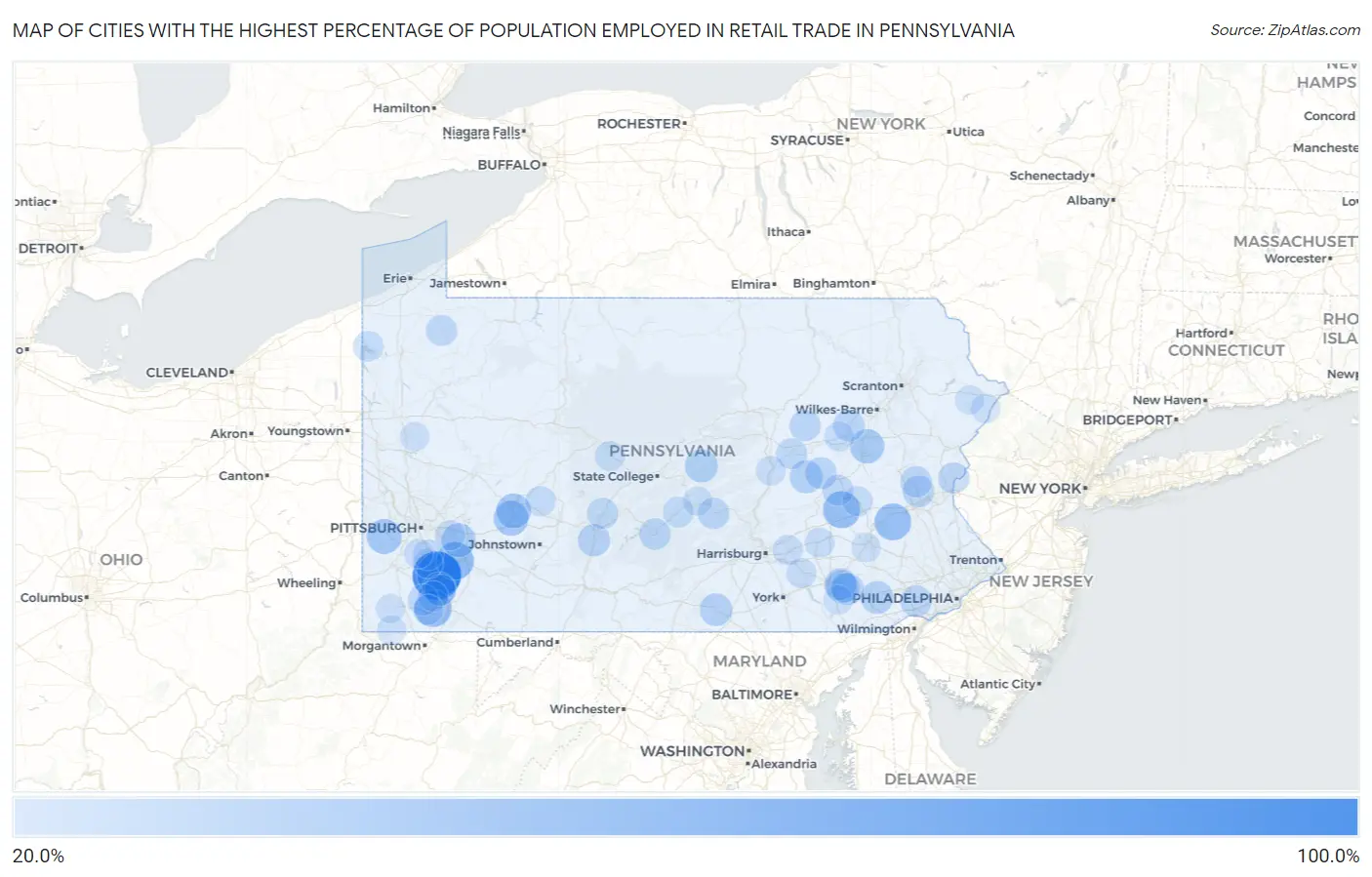 Cities with the Highest Percentage of Population Employed in Retail Trade in Pennsylvania Map